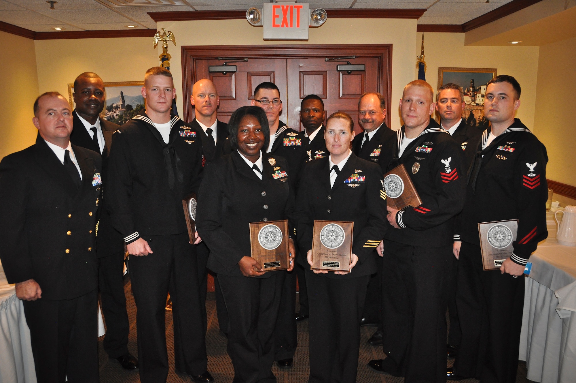 Petty Officer 1st Class Garry Denette, religious program specialist stationed at Naval Station Norfolk, Va., took top honors as Regional Sailor of the Year and will go on to compete for Navy Shore Command’s Sailor of the Year award. Sailors from various shore commands in the Mid-Atlantic region competed for the award. Left to right: Petty Officer Kent Roseman, boatswains mate; Petty Officer Heather Havunen, boatswains mate; Petty Officer Zeporah Dasher, Navy career counselor; Petty Officer Patrick McKay, master at arms; Petty Officer Samuel Hughes, air traffic controller. (U.S. Navy photo by Petty Officer 2nd Class Darren Grant/Released)