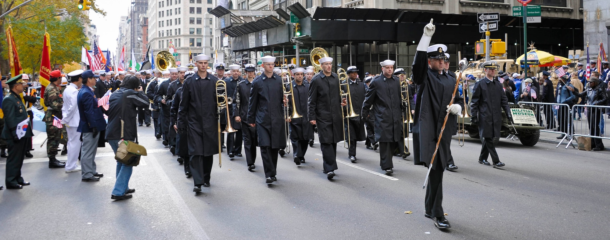Chief Musician Ryan Hudson leads the Navy Band Northeast from Newport, R.I., during the 2011 New York City Veterans Day Parade Nov. 11. The Navy was the lead service in this year’s parade festivities.  (U.S. Air Force photo by Airman 1st Class Dennis L. Sloan/Released)