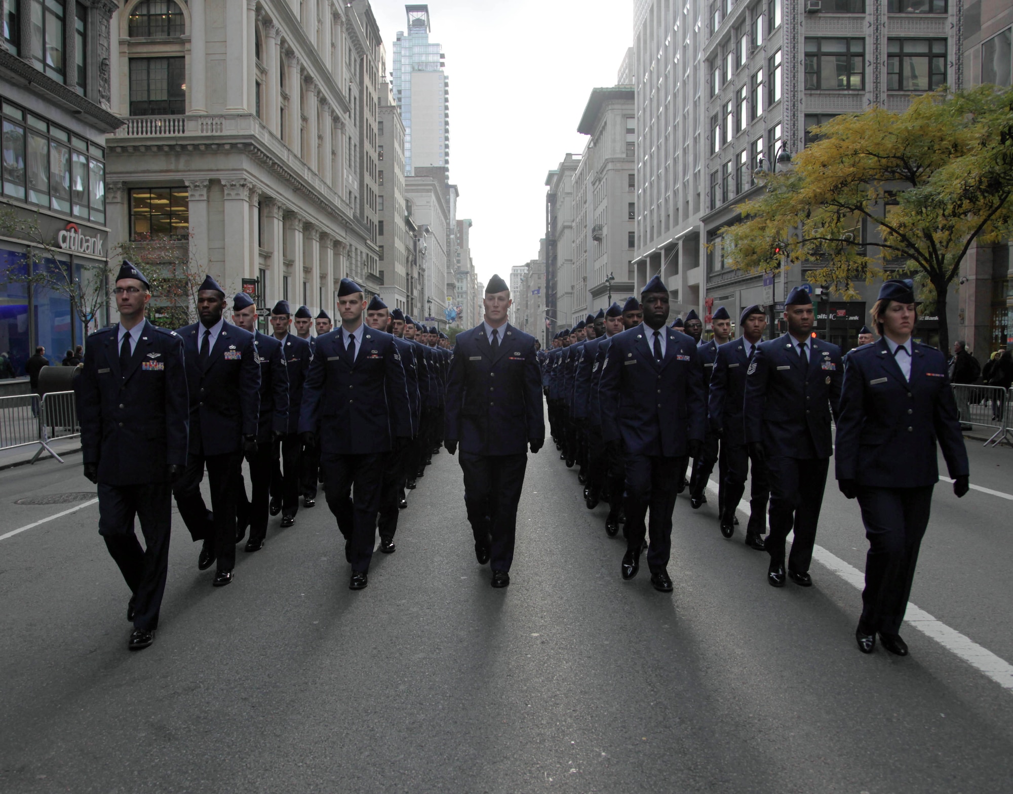 Airmen from Joint Base McGuire-Dix-Lakehurst march down 5th Avenue during the 2011 New York City Veterans Day Parade Nov. 11. “It was my third time being a part of the effort and I still got goosebumps,” said Master Sgt. Bryant Roy, U.S. Expeditionary Center first sergeant. (U.S. Air Force photo by 2nd Lt. David Murphy/Released)