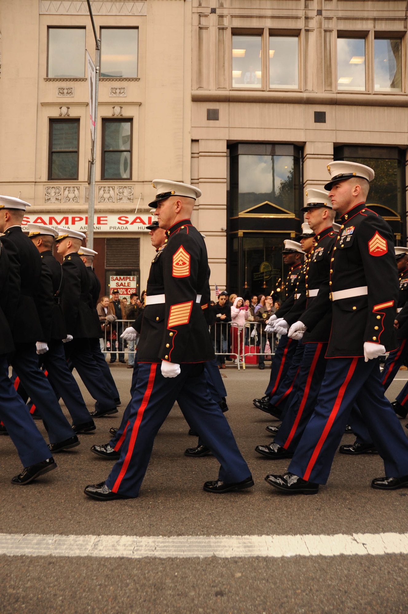 Marines march in formation down 5th Ave. during the 2011 New York City Veterans Day Parade Nov. 11. Units from all services joined together to honor veterans past and present. Armistice Day later became Veterans Day after the conclusion of World War II and the Korean War to honor American veterans of all wars. (U.S. Air Force photo by Airman Ryan Throneberry/Released)