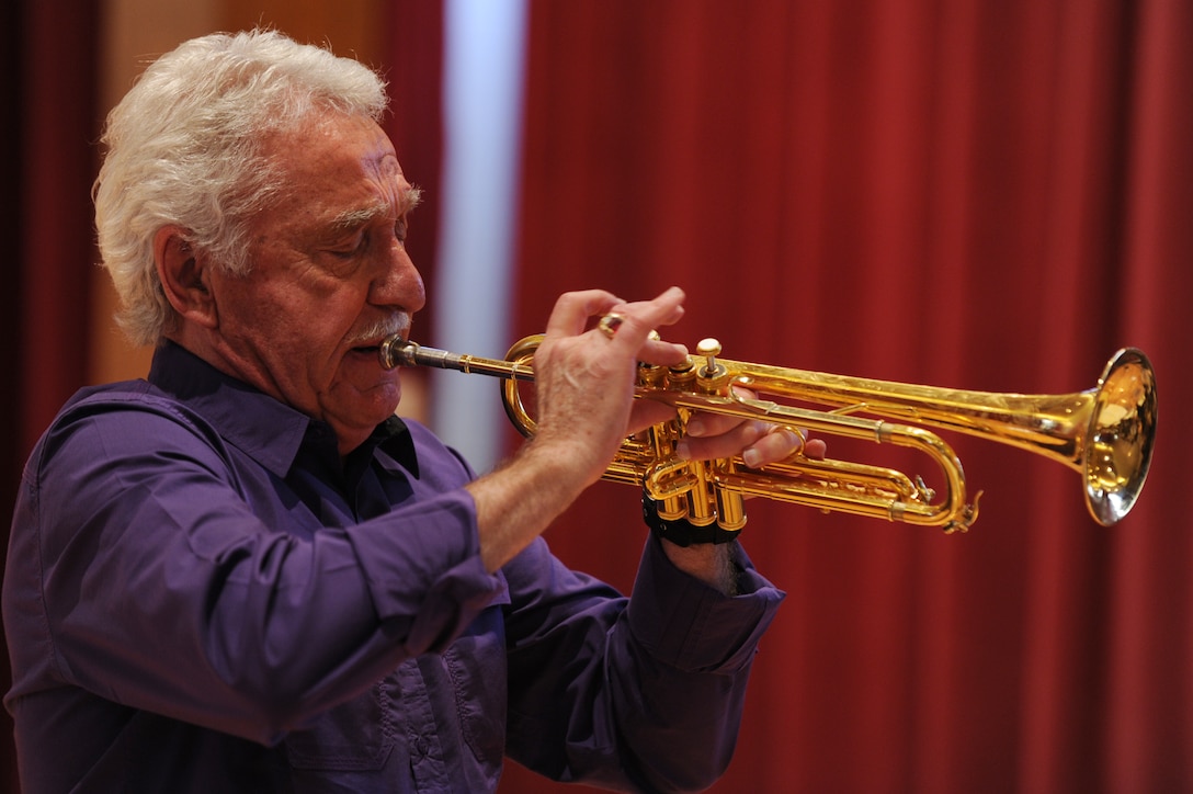 Trumpet legend, Doc Severinsen, plays the trumpet during rehearsal with the Airmen of Note, premier jazz ensemble of the U.S. Air Force, Nov 16 on Joint Base Anacostia-Bolling, Washington, D.C. Severinsen was the musical director of the famed Tonight Show with Johnny Carson from 1967 - 1992. Severinsen will appear with the Note for the 2011 Jazz Heritage Series. (U.S. Air Force photo by Staff Sgt. Christopher Ruano)