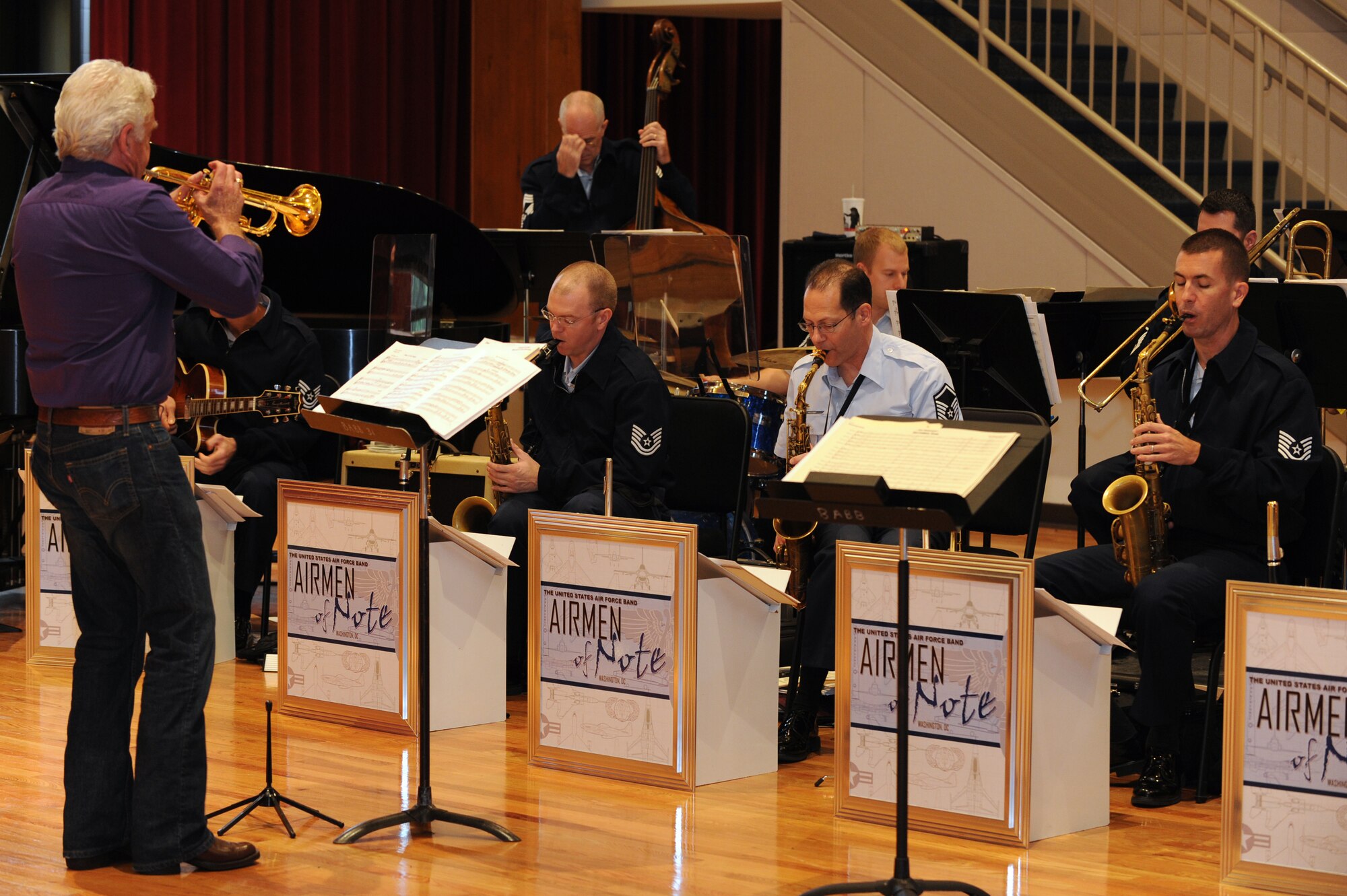 The Airmen of Note, premier jazz ensemble of the U.S. Air Force, rehearse with trumpet legend, Doc Severinsen, Nov. 16 on Joint Base Anacostia-Bolling, Washington D.C., for the 2011 Jazz Heritage Series. The Nov. 18 performance will be at the George Washington University Lisner Auditorium, Washington, D.C., at 8 p.m. (U.S. Air Force photo by Staff Sgt. Christopher Ruano)