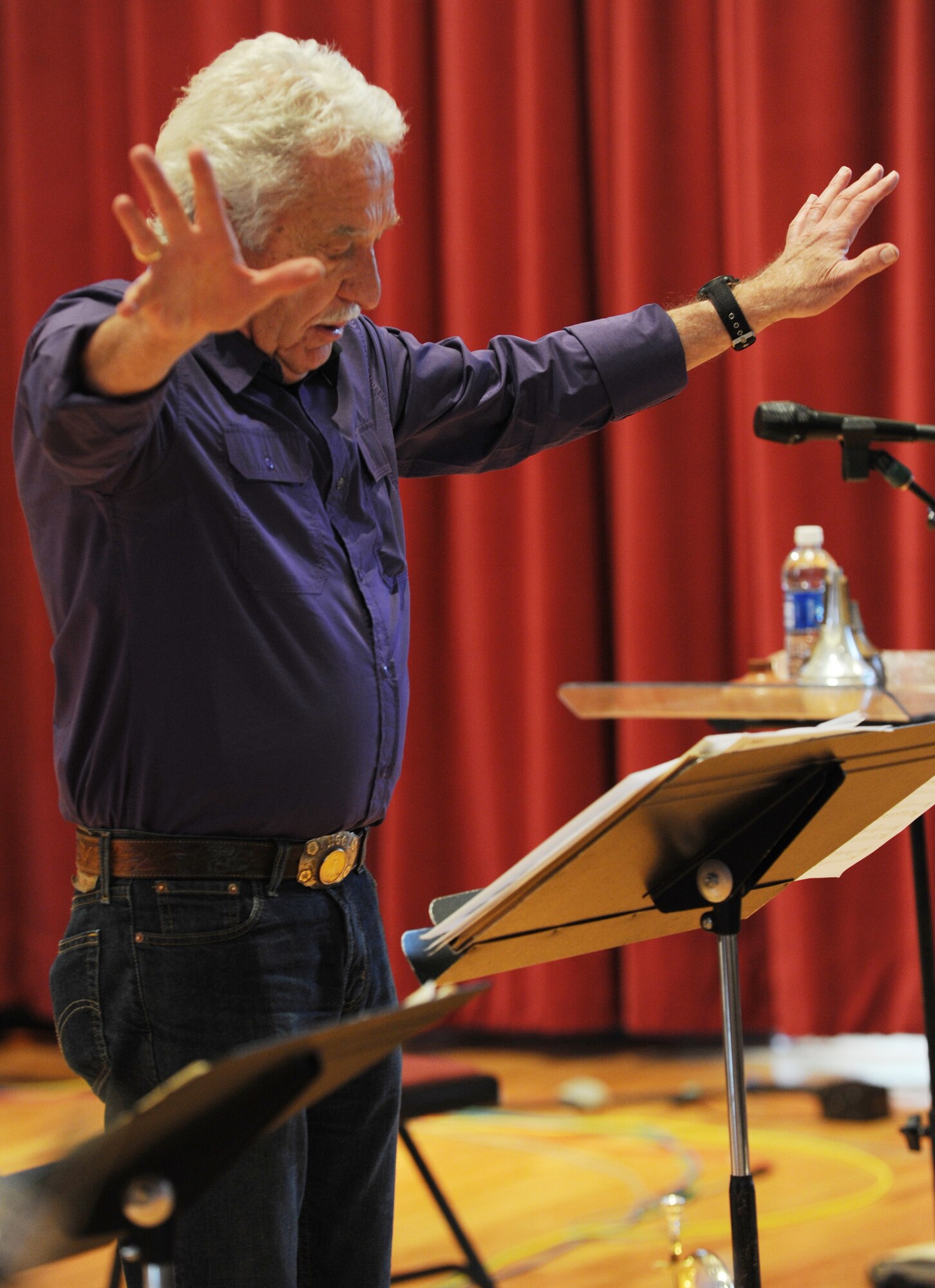 Trumpet legend, Doc Severinsen, signals the Airmen of Note, premier jazz ensemble of the U.S. Air Force, to silence during rehearsal Nov. 16 on Joint Base Anacostia-Bolling, Washington, D.C. Severinsen will appear with the Note for the 2011 Jazz Heritage Series. (U.S. Air Force photo by Staff Sgt. Christopher Ruano)