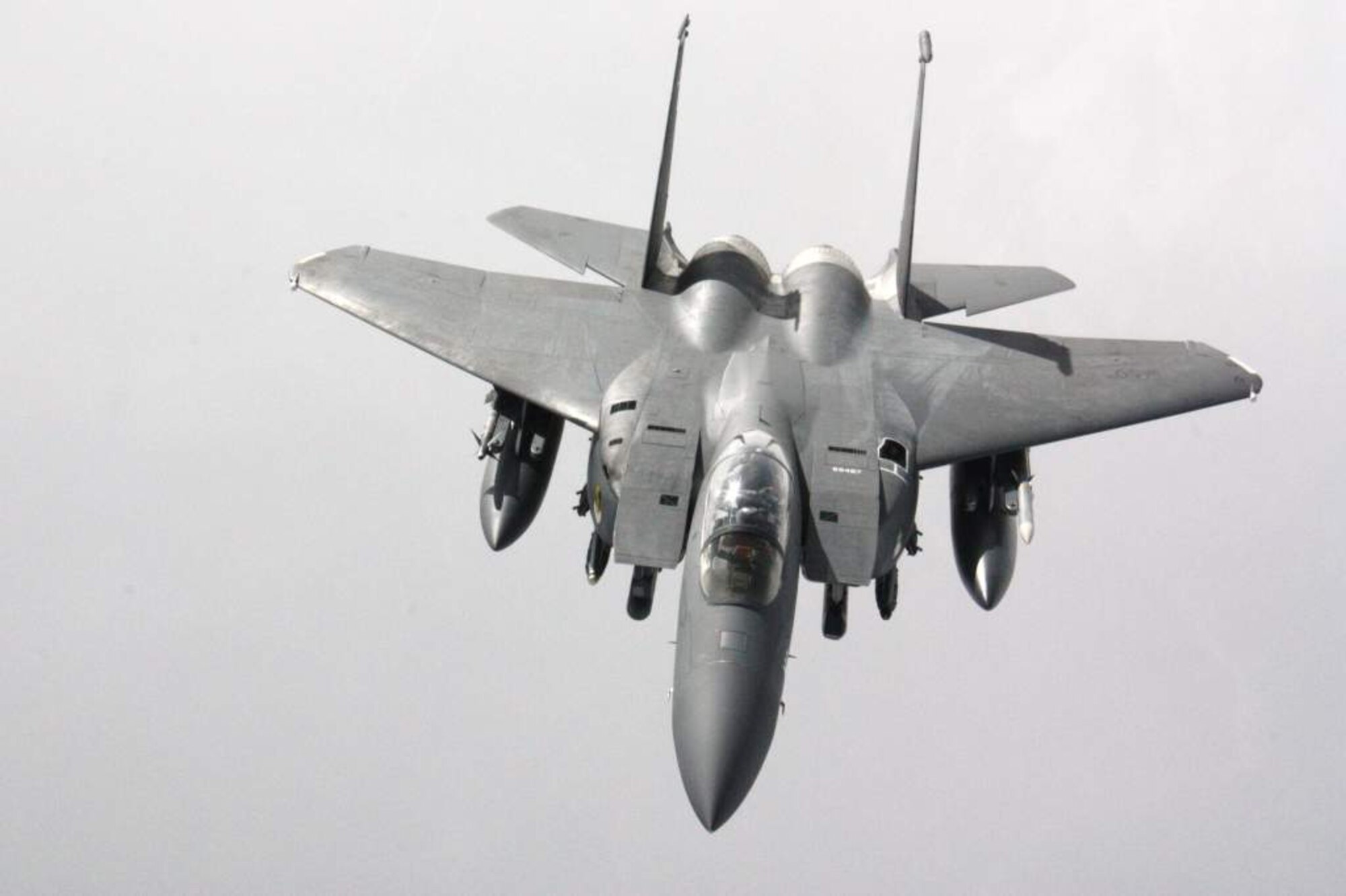 An F-15E Strike Eagle flies over Afghanistan Nov. 18. The F-15E Strike Eagle is a dual-role fighter with two crew members -- a pilot and a weapon systems officer -- performing air-to-air and air-to-ground missions. The Strike Eagle is deployed from Seymour Johnson Air Force Base, N.C. (U.S. Air Force photo/Capt. Andrew Hardy)