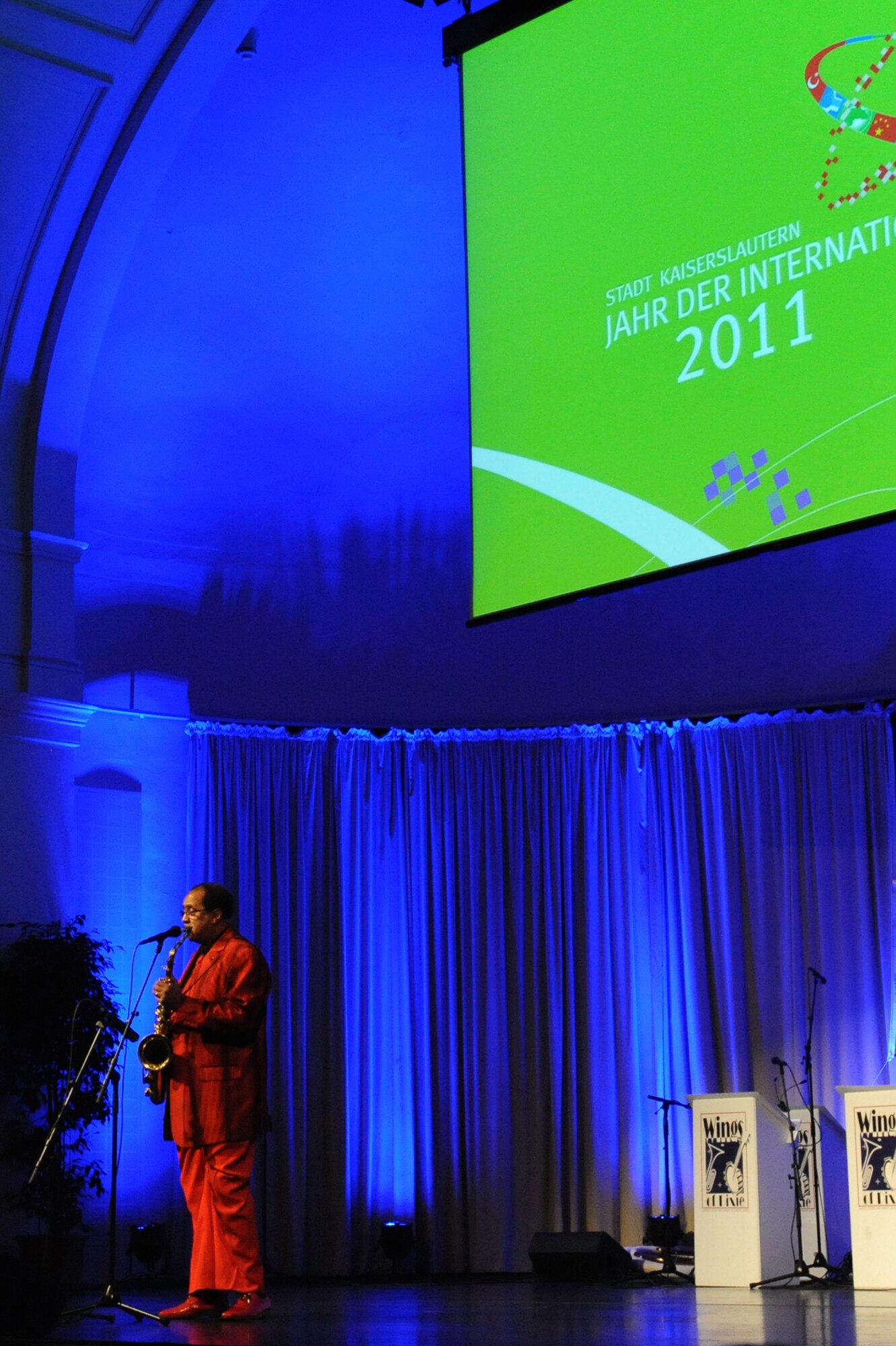 Waymond Harding plays the saxophone during a performance at the ‘Year of Internationality’ event, Kaiserslautern, Germany, Nov.16, 2011. During the event individuals from the U.S. were given the opportunity to present information and share personal stories about their respective country to the local community. (Air Force photo by Airman 1st Class Caitlin O’Neil-McKeown)