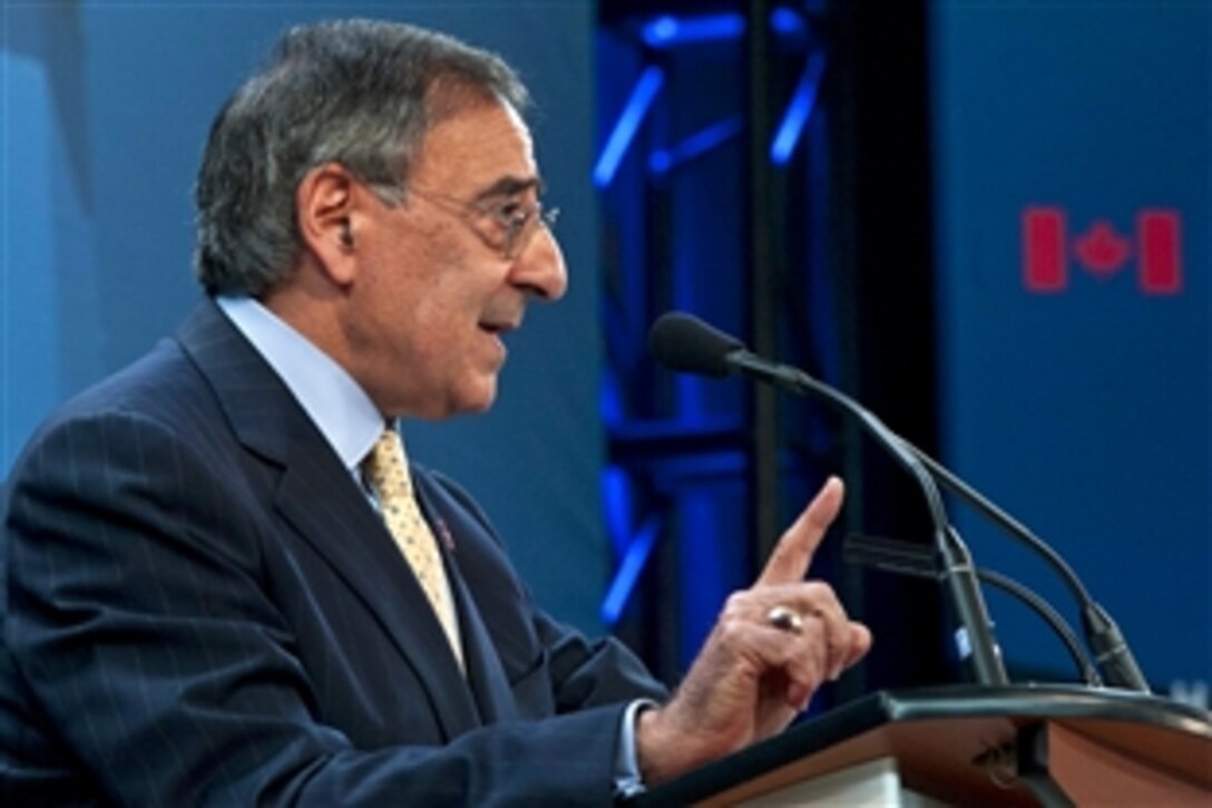 U.S. Defense Secretary Leon E. Panetta makes an opening statement at the Halifax International Security Forum in Halifax, Nova Scotia, Nov. 18, 2011. Panetta stressed the importance of international alliances to help combat terrorist organizations worldwide.