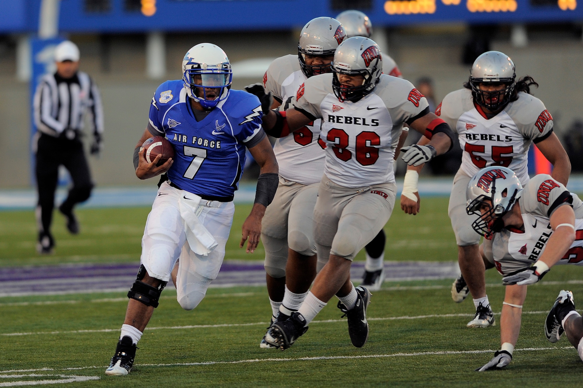 Air Force quarterback Tim Jefferson finds open field on a 71-yard touchdown against the UNLV Rebels Nov. 19, 2011. Although Jefferson's run was called back on a holding penalty, the Atlanta native still accumulated 200 total yards. (U.S. Air Force photo/Ray McCoy)