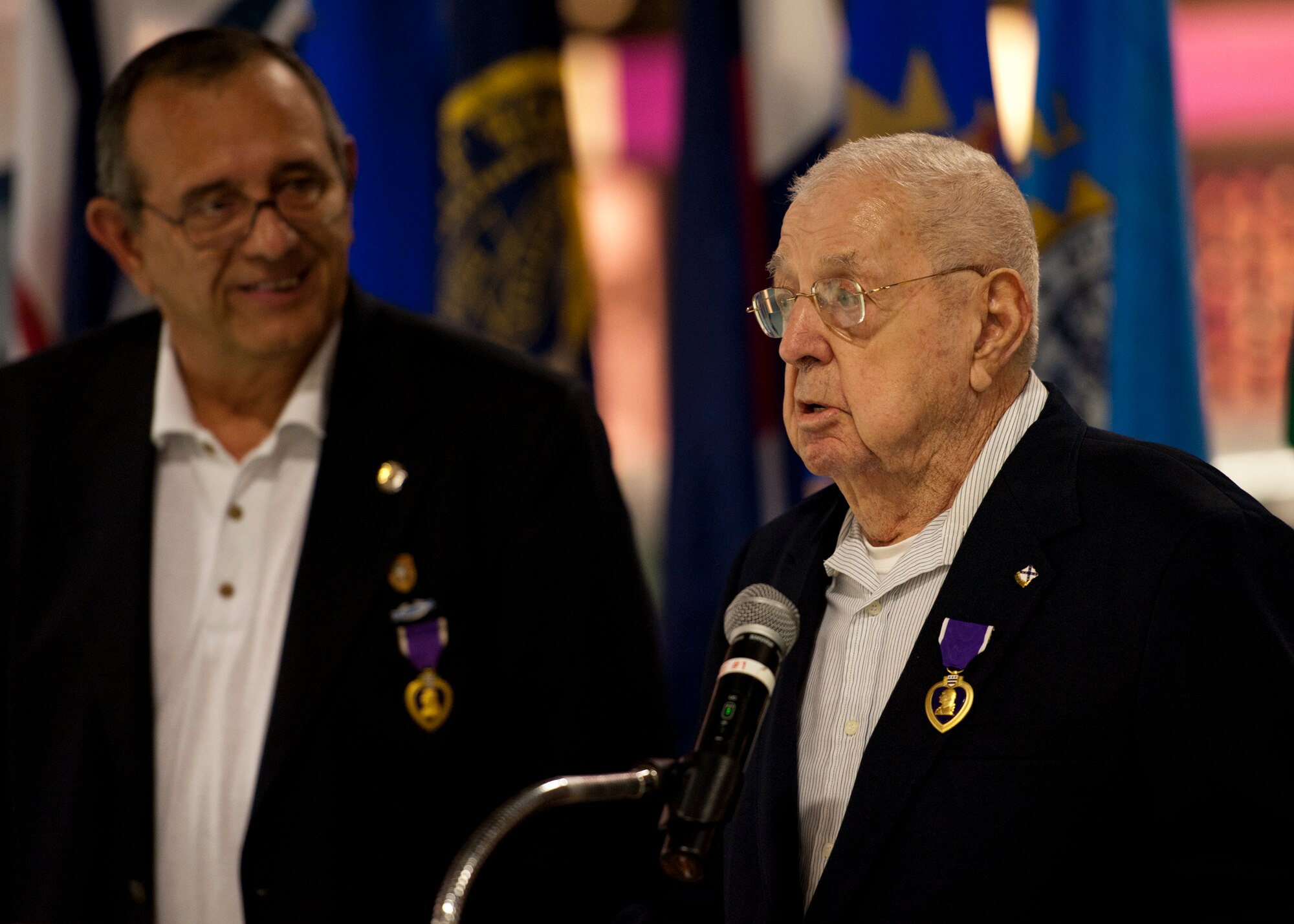 Charles “Buster” Donnell was re-pinned with his Purple Heart medal during his induction ceremony into the Military Order of the Purple Heart at the Air Force Armament Museum Nov. 18.  Donnell, now 90 years old, served in the Army’s 103rd Infantry Regiment during the Japan campaign in World War II.  Members of the 6th Ranger Training Battalion attended and took part in the ceremony and presentation.  (U.S. Air Force photo/Samuel King Jr.)