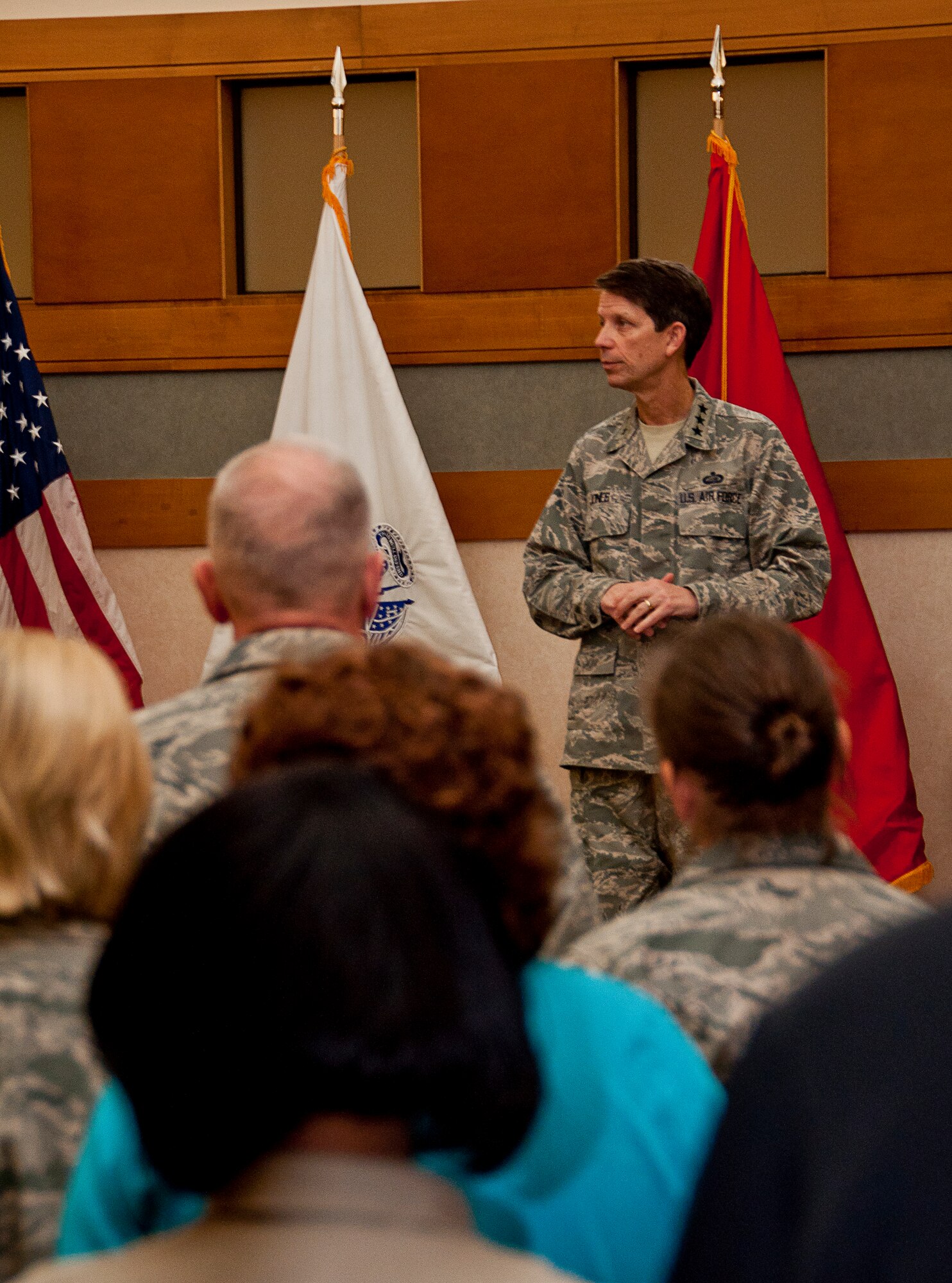 Lt. Gen. Darrell D. Jones, Deputy Chief of Staff for Manpower, Personnel and Services, Headquarters U.S. Air Force, Washington, D.C., addresses personnel assigned to Air Force Mortuary Affairs Operations during a visit to the Charles C. Carson Center for Mortuary Affairs, Dover Air Force Base, Del., Nov. 17, 2011. Jones expressed how proud he was of the incredibly dedicated military and civilians; Airmen, Soldiers, Sailors and Marines who do very difficult work caring for the Fallen and their families.  (U.S. Air Force photo/Staff Sgt. Agustin G. Salazar)