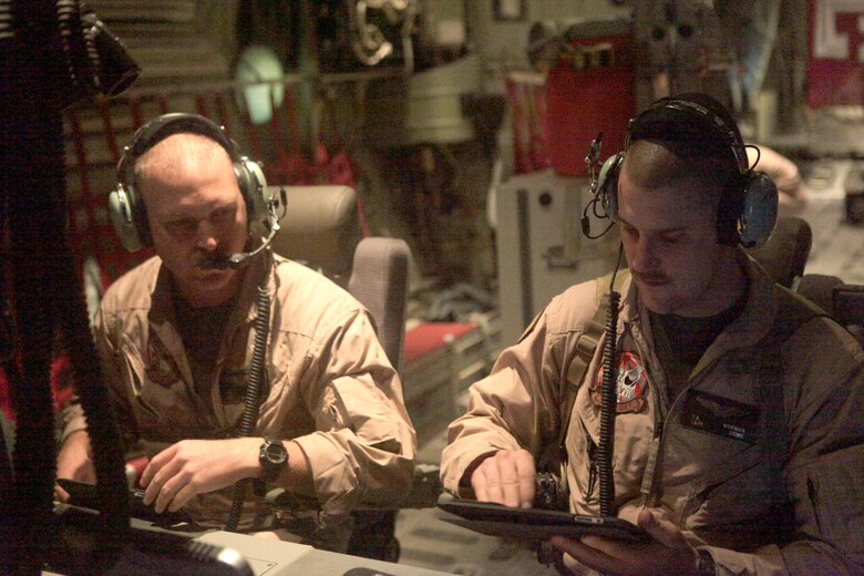 Capt. Michael Wyrsh, left, and Capt. Thane Norman man the weapons systems console of the Harvest Hawk equipped KC-130J Hercules at Kandahar Airfield, Afghanistan, Nov. 21. Both Wyrsch and Norman serve as fire control officers for the Harvest Hawk, a KC-130J Hercules equipped with missiles and a target sight system. To learn more about Marines in Afghanistan, join them at http://www.facebook.com/regionalcommandsouthwest.