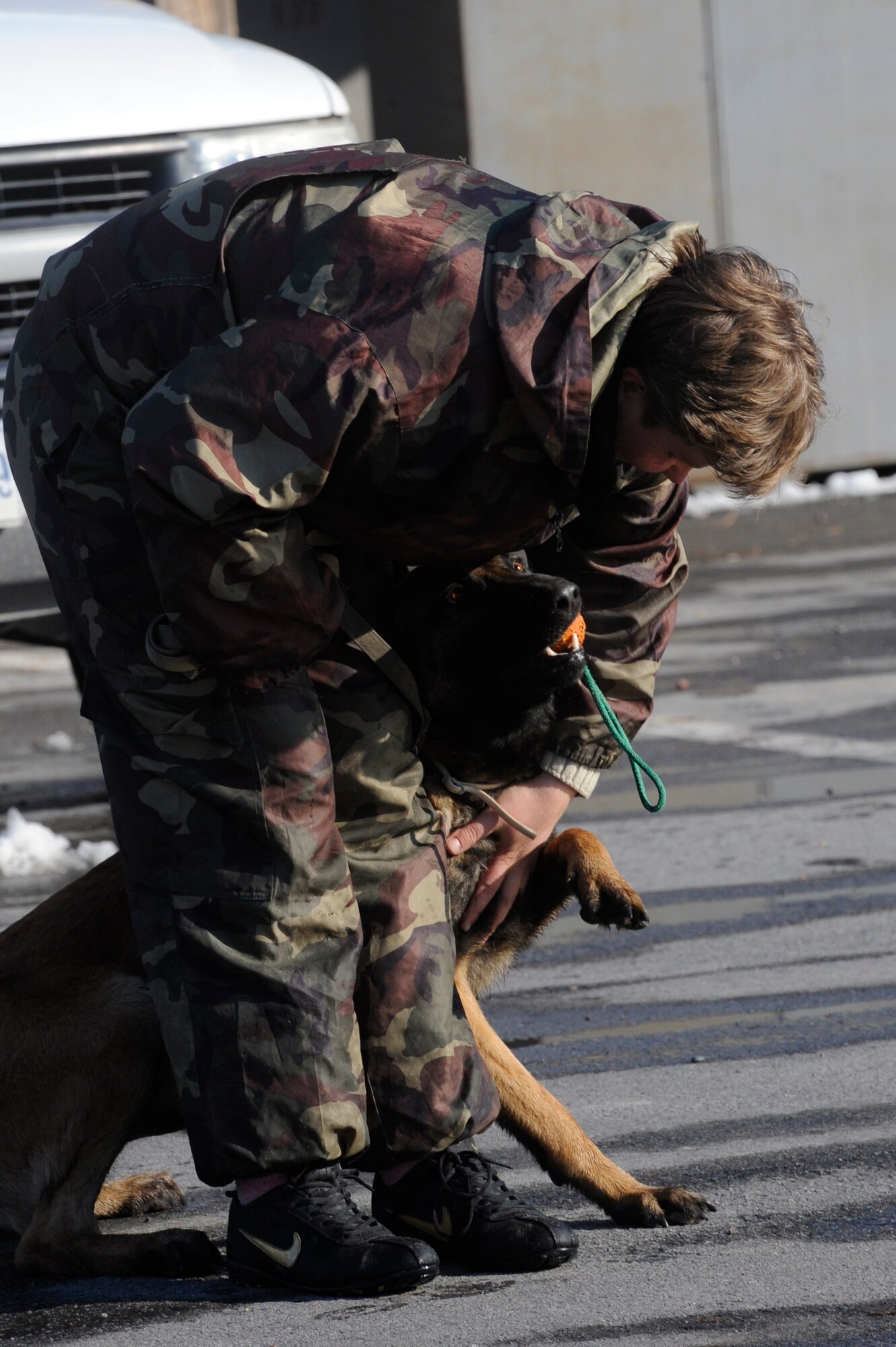 Kyrgyz Republic Lt. Col. Natalie Balavrikova praises Agat for detecting an explosive during a detection training exercise at the Transit Center at Manas, Kyrgyzstan, Nov. 15. Twice a week, dog handlers from the 376th Expeditionary Security Forces Squadron and the Kyrgyz Republic run through various training scenarios to help maintain their dog’s proficiency levels. Balavrikova and Agat, a 3-year old Belgian Malinois, work for the National Security Service of Kyrgyzstan. (U.S. Air Force photo/Tech. Sgt. Tammie Moore)
