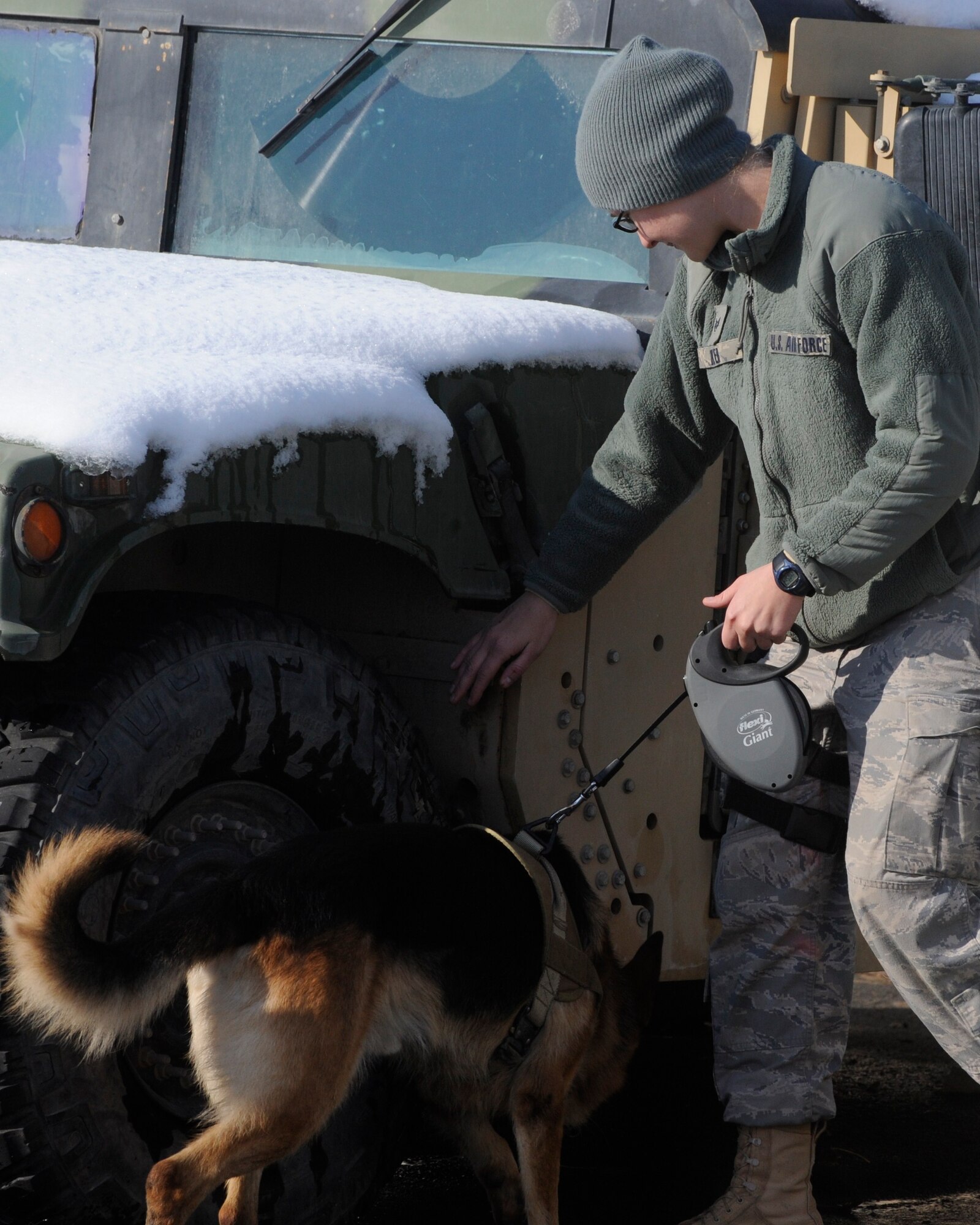 Staff Sgt. Mary Boyer and her military working dog, Tomy, check a vehicle for explosives during an exercise at the Transit Center at Manas, Kyrgyzstan, Nov. 15. Twice a week, dog handlers from the 376th Expeditionary Security Forces Squadron and the Kyrgyz Republic run through various scenarios to help maintain their dog’s proficiency levels. Boyer, 376th ESFS MWD handler, and Tomy, an 8-year old German Shepherd, are deployed from Joint Base Lewis-McChord, Wash. Boyer is a native of Lebanon, Pa. (U.S. Air Force photo/Tech. Sgt. Tammie Moore)