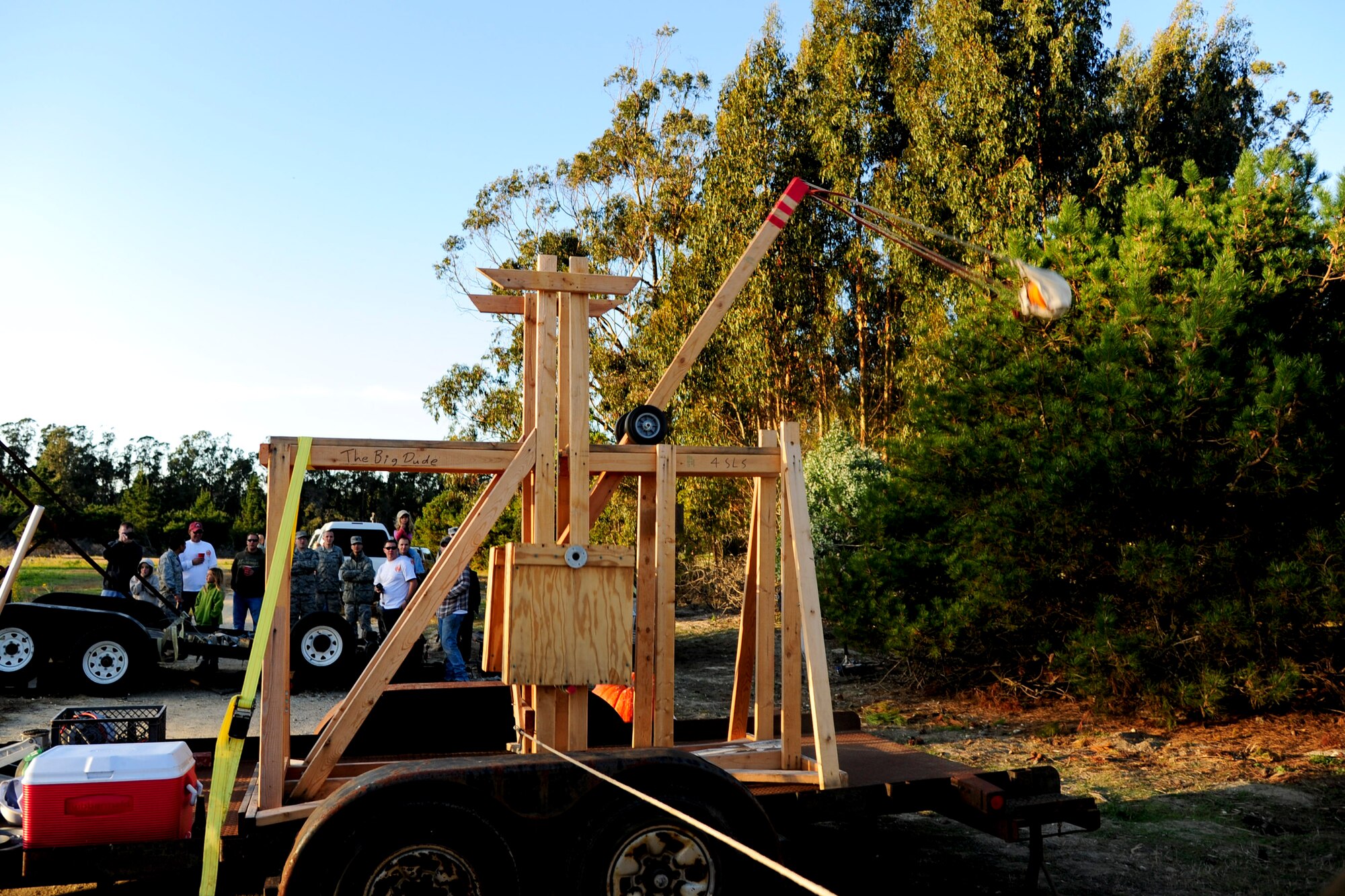 VANDENBERG AIR FORCE BASE, Calif. – The 4th Space Launch Squadron team launches a pumpkin at Cocheo Park here Friday, Nov. 18, 2011. The team was participating in the 30th Launch Group’s annual pumpkin toss event. (U.S. Air Force photo/Senior Airman Lael Huss)