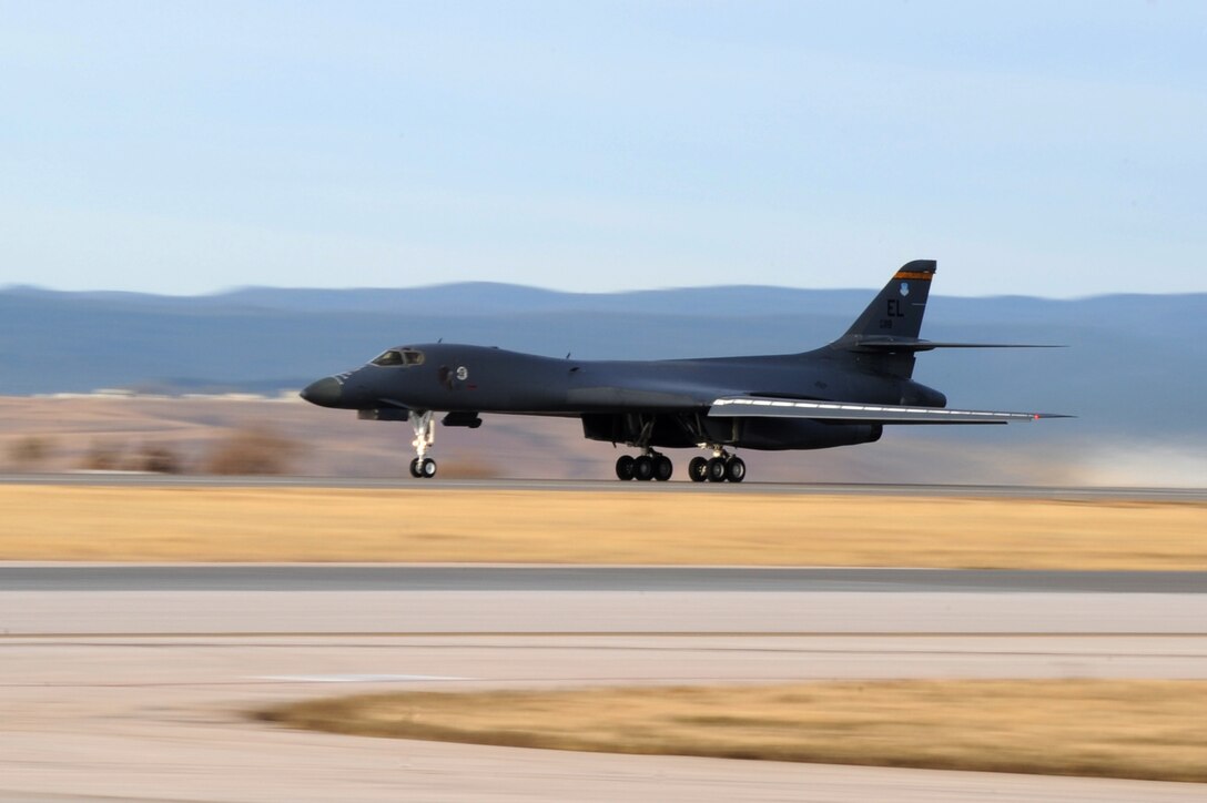 A B-1B Lancer takes off during a surge at Ellsworth Air Force Base, S.D., Nov. 17, 2011. The training opportunity tested the combat readiness and effectiveness of the B-1B Lancer, which possesses speed and superior handling characteristics that allow it to seamlessly integrate into a variety of environments. (U.S. Air Force photo by Senior Airman Kasey Close/Released)