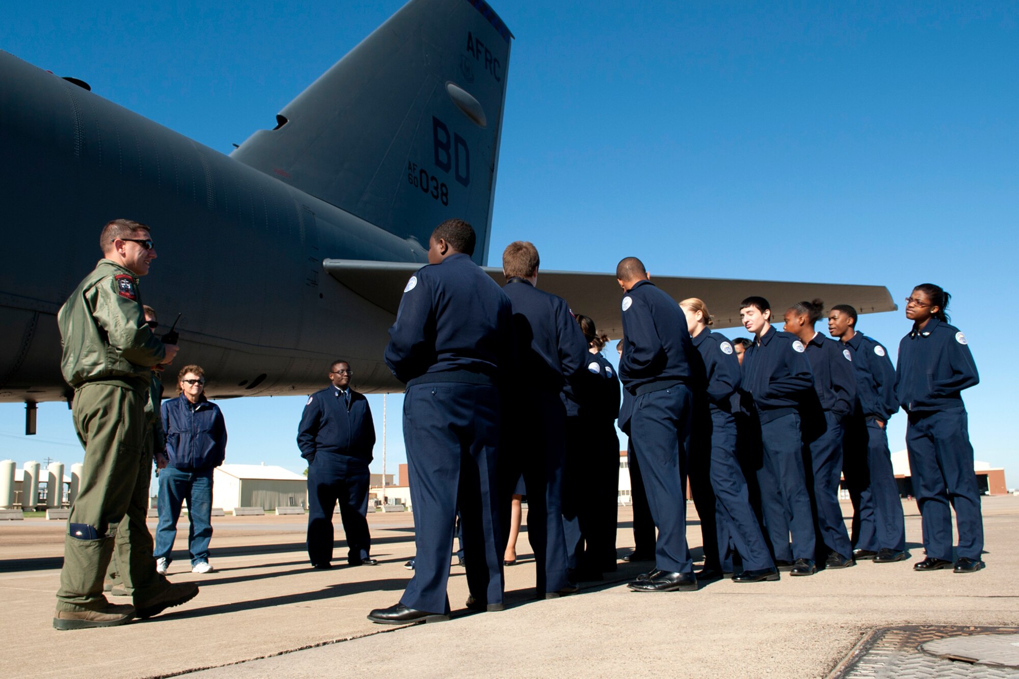 Cadets from the Marshall High School Junior Reserve Officers' Training Corps (JROTC) are briefed by U.S. Air Force 2nd Lt. Brandon Lublin, 11th Bomb Squadron B-52 copilot, Barksdale Air Force Base, La., Nov. 18, 2011. The cadets visited Barksdale and were given a tour of a 93rd Bomb Squadron B-52H Stratofortress. (U.S. Air Force photo by Master Sgt. Greg Steele/Released)