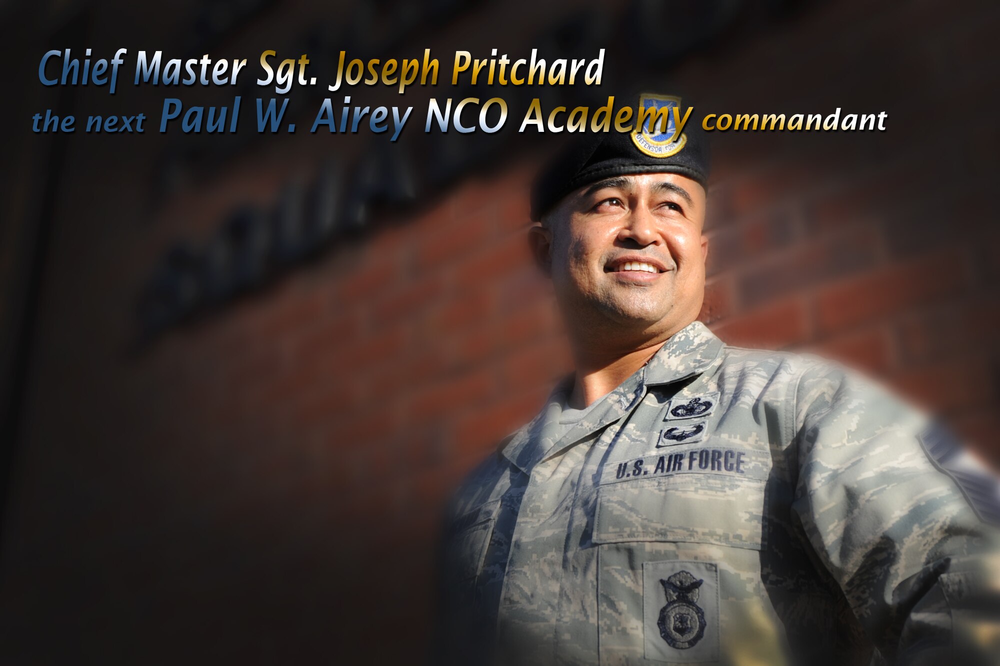 U.S. Air Force Chief Master Sgt. Joseph Pritchard, 23rd Security Forces Squadron security forces manager, is set to become the next Paul W. Airey NCO Academy commandant in a ceremony scheduled for Dec. 16. Pritchard has been at Moody since 2005 and said he is thrilled about taking on the new position to share his knowledge, discipline and joint service background. (U.S. Air Force illustration by Staff Sgt. Jamal D. Sutter/Released)
