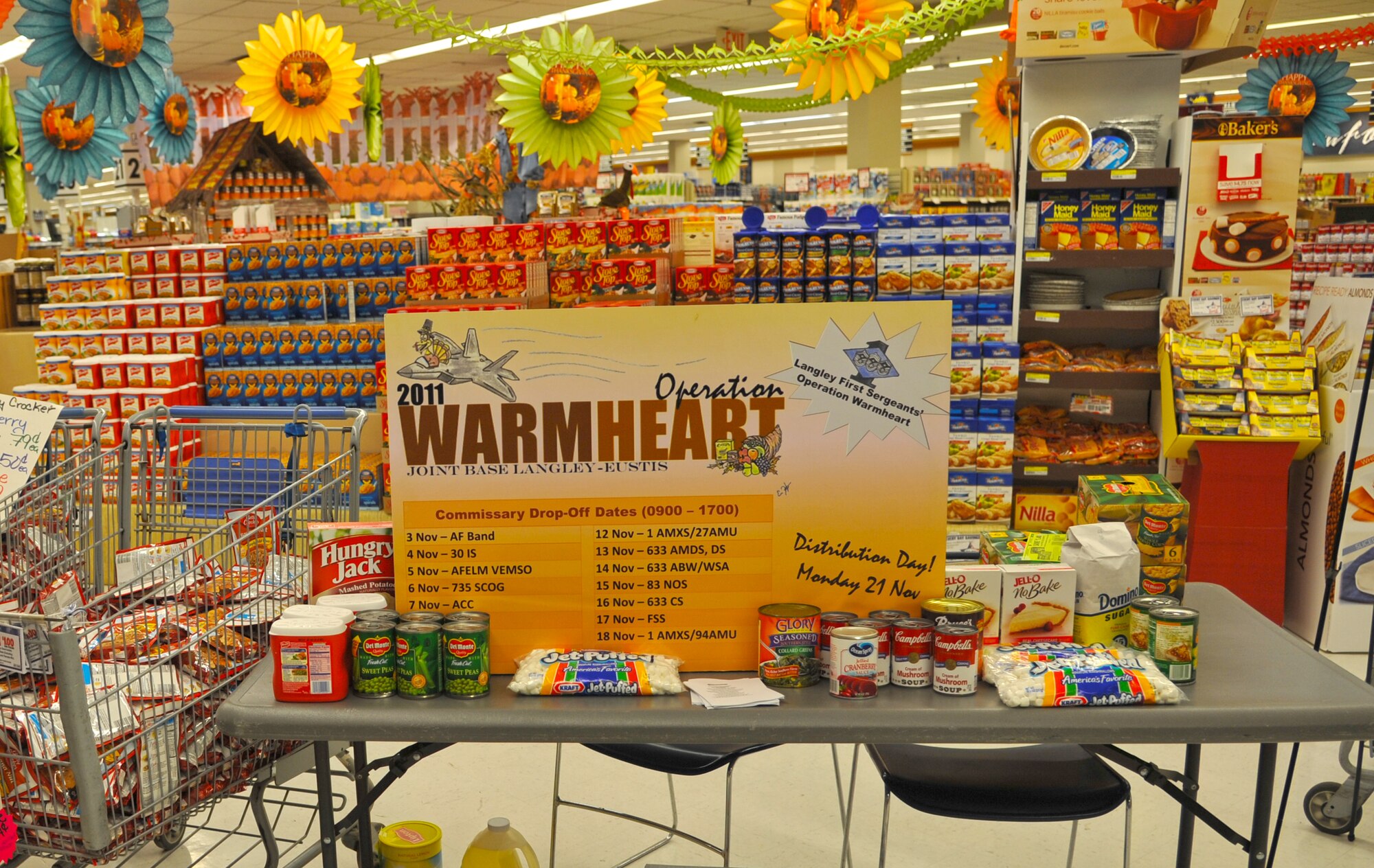 The Langley First Sergeants Council displays an Operation Warmheart donation center at the entrance of the commissary at Langley Air Force Base, Va., Nov. 16, 2011. Throughout the store, a variety of food items, including stuffing, pie and cornbread mix among other Thanksgiving staples, were marked with tags denoting them as needed items for Operation Warmheart baskets. (U.S. Air Force photo by Airman 1st Class Camilla Griffin/Released)