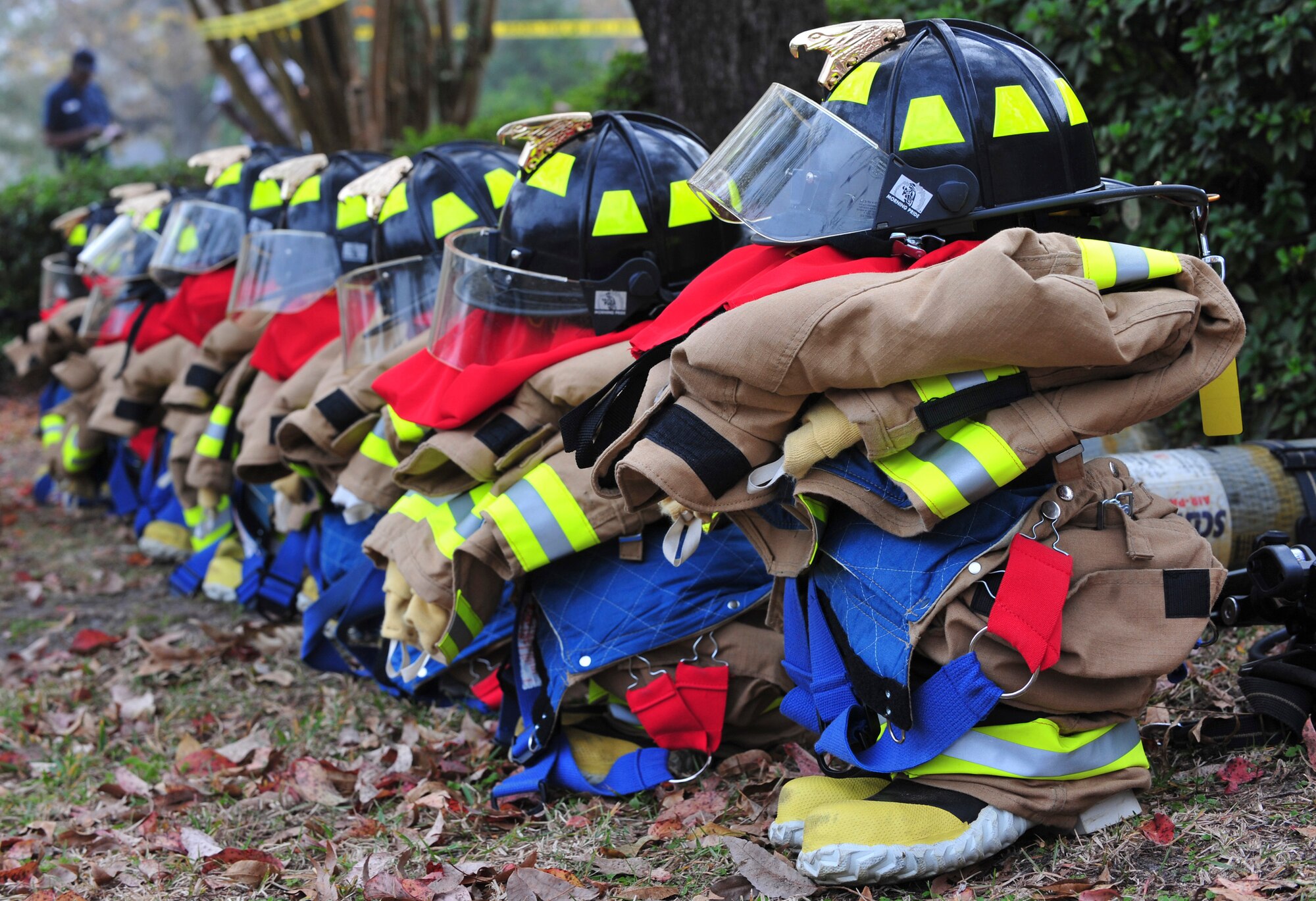 Valdosta Fire Department gear is organized in a line before suiting-up for live-fire training in Valdosta, Ga., Nov. 15, 2011. Firefighters from Valdosta and Moody Air Force Base, Ga., joined together to train, giving them a chance to share experience and knowledge on techniques and procedures. (U.S. Air Force photo by Staff Sgt. Stephanie Mancha/Released)