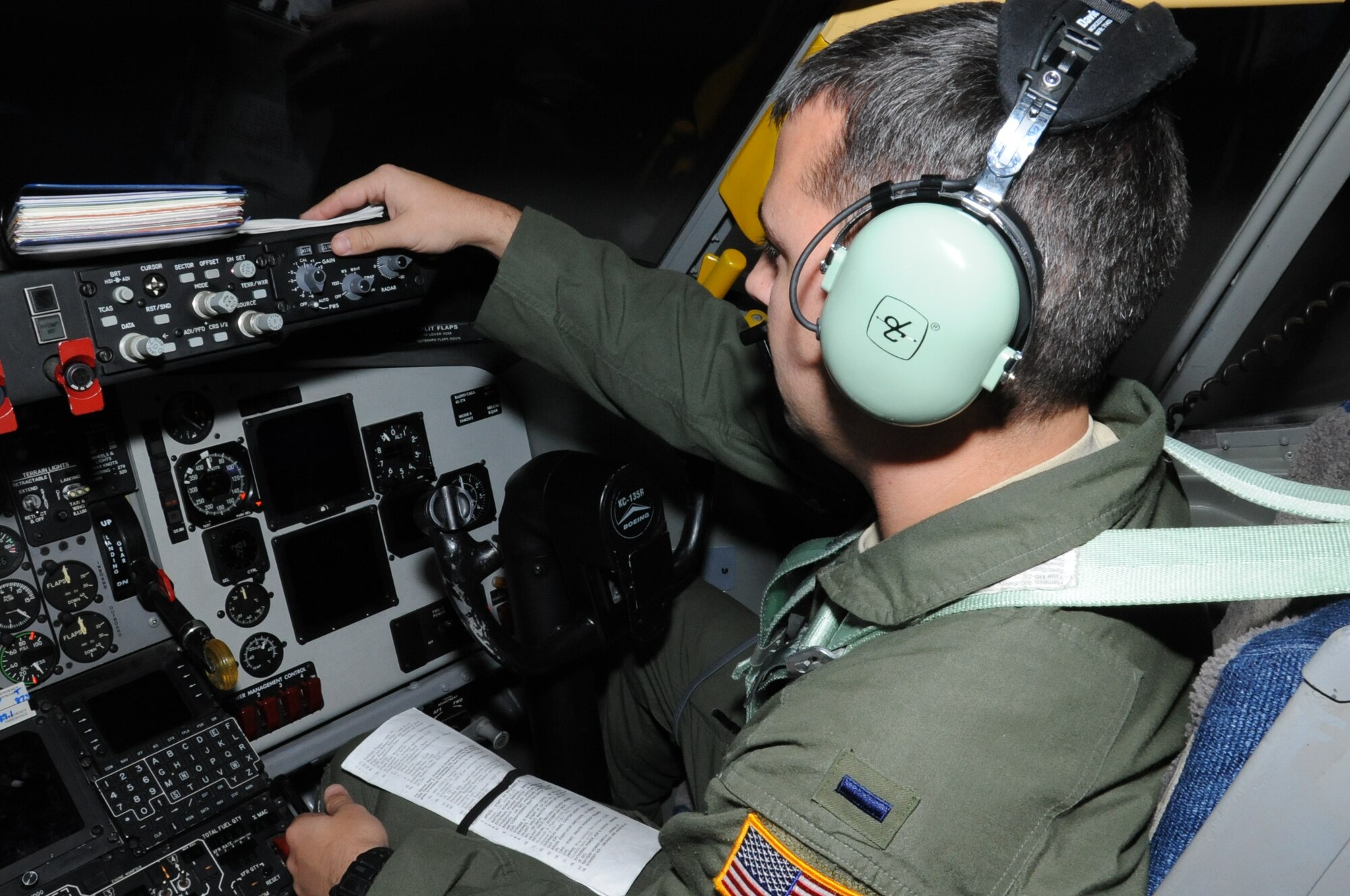 1st Lt. Remington Barnes, 92nd Air Refueling Squadron, copilot, trained in the flight simulator Nov. 10. The flight simulator helps train pilots for real world situations. (U.S. Air Force photo/ Senior Airman Jordan Pollock)