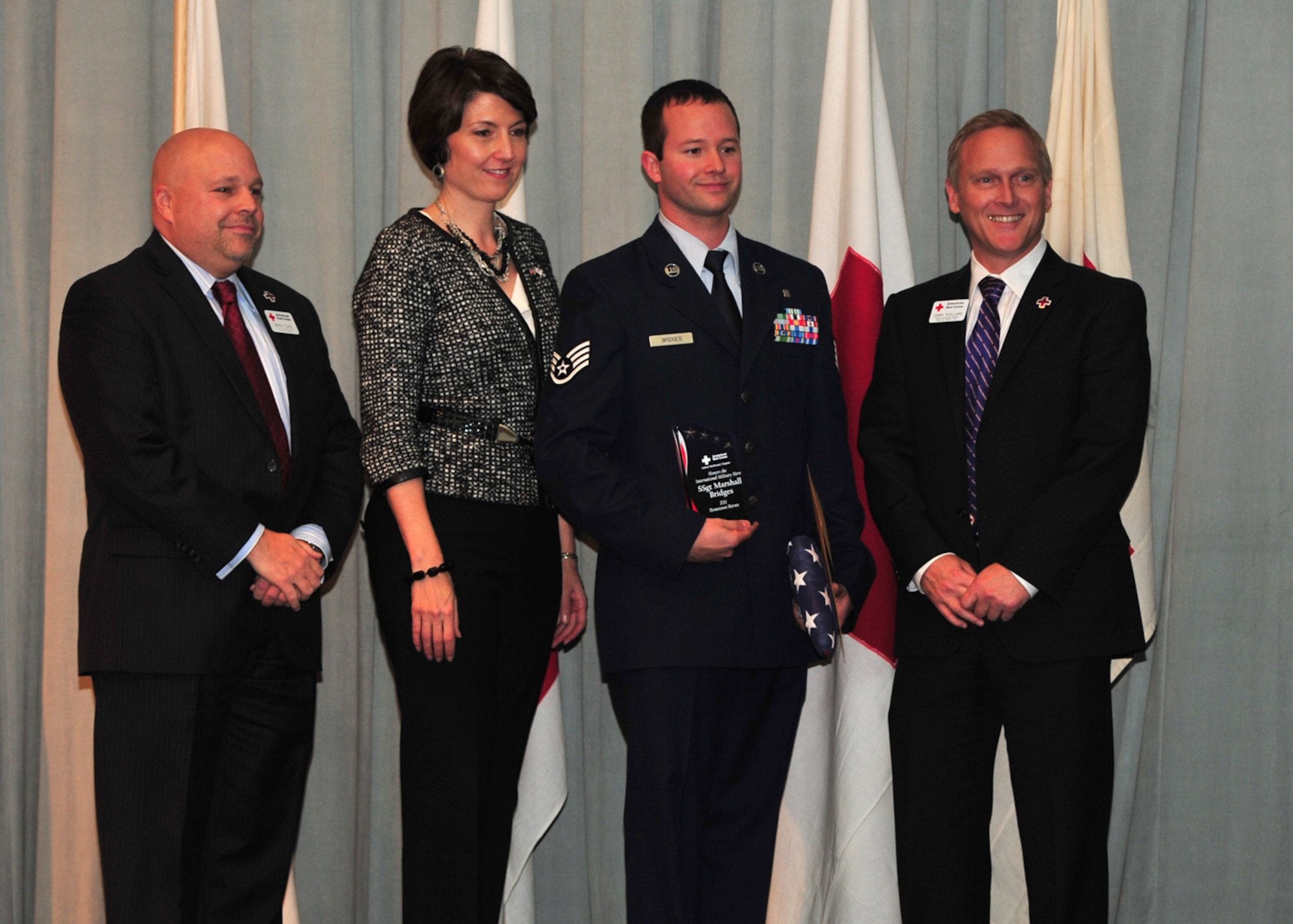 Staff Sgt. Marshall Bridges, 92nd Medical Operations Squadron, was given the 2011 International Military Heroes Award Nov. 10 for his actions in Afghanistan earning him the Army Combat Action Medal for fearless and heroic actions. Bridges put himself in danger in order to save lives of the men with him. (U.S. Air Force photo/Staff Sgt. Michael Means)
