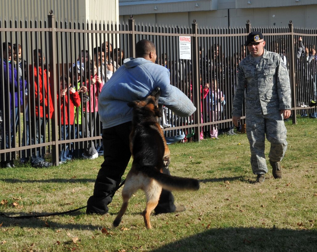 Members of the 633rd Security Forces Squadron military working dog team, perform a demonstration for children and parents at the 2011 Operation Hero event at Langley Air Force Base, Va., Nov. 19, 2011. The Tenth Annual Operation Hero event was hosted to give children of Airmen insight into what their parents experience during the deployment process. (U.S. Air Force photo by Airman 1st Class Camilla Griffin/Released)