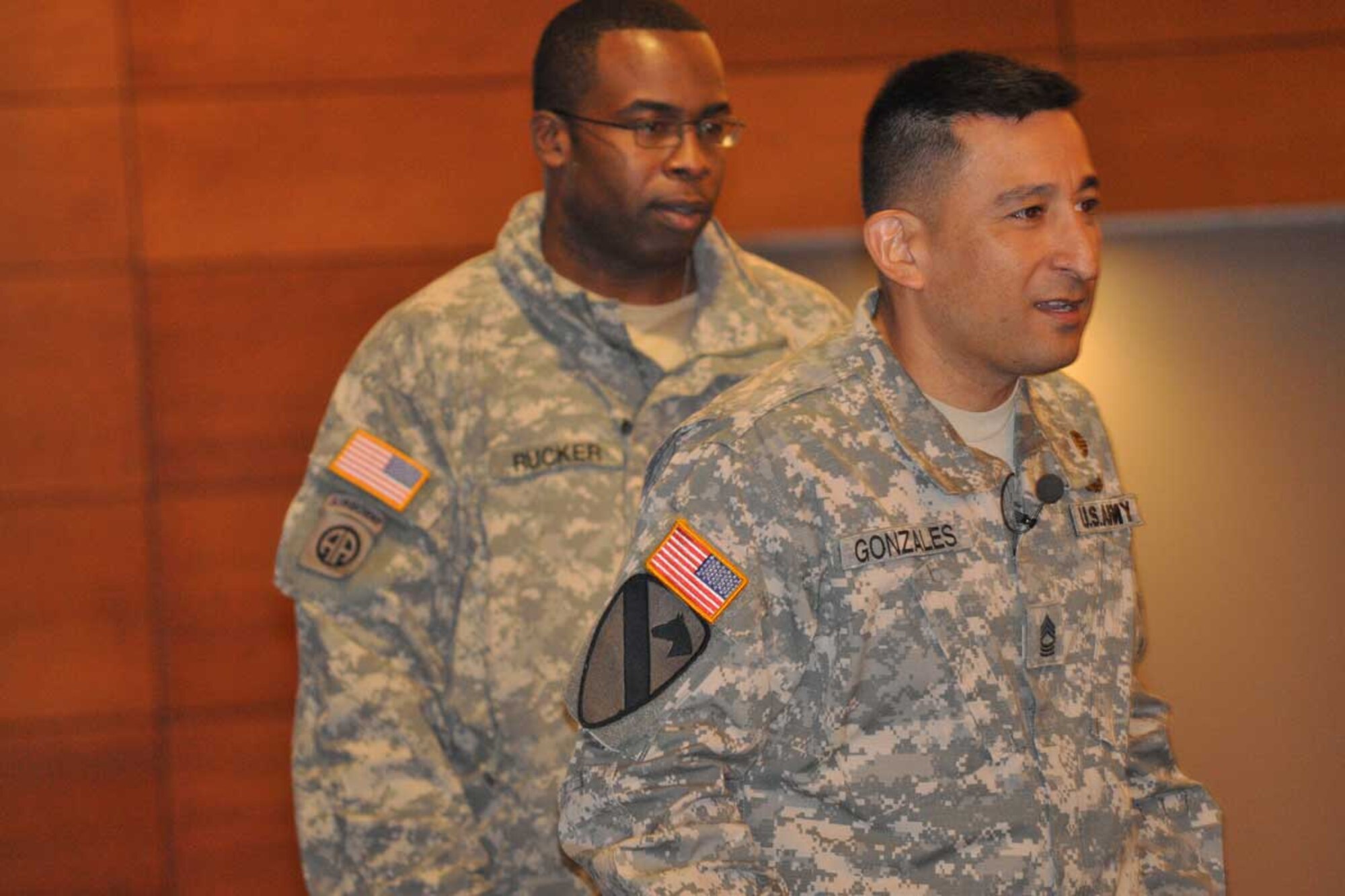 Sgt. 1st Class Raleigh Rucker, HHC, 2nd Engineer Brigade, and Army Master Sgt. Richard Gonzales, Comprehensive Soldier Fitness instructor, role play during an active listening exercise, Wednesday at the Arctic Warrior Event Center. (U.S. Air Force photo/Luke Waack)