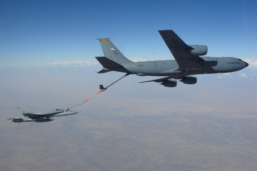 United States Navy Lieutenant Thomas De Jong, native of Orange City, tops off his fighter from a tanker from the 185th refueling wing based in Sioux City on Tuesday, afternoon, Nov. 8. The connection with a reminder of home, he says, "made his day." De Jong's wingman snapped photos of the occasion. (Photo submitted)