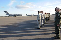 Leadership from Joint Base Charleston welcomes the P-213 Delivery of the C-17 assigned to the 437th Airlift Wing Nov.9. The aircraft was flown by Brig. Gen.Steven Arquiette, Inspector General, Headquarters Air Mobility Command, Scott Air Force Base, Ill. Accompanying Arquiette was Capt. Ryan Herman, 437th AW instructor pilot, aircraft commander. (U.S.Air Force photo by Airman First Class Ashlee Galloway)