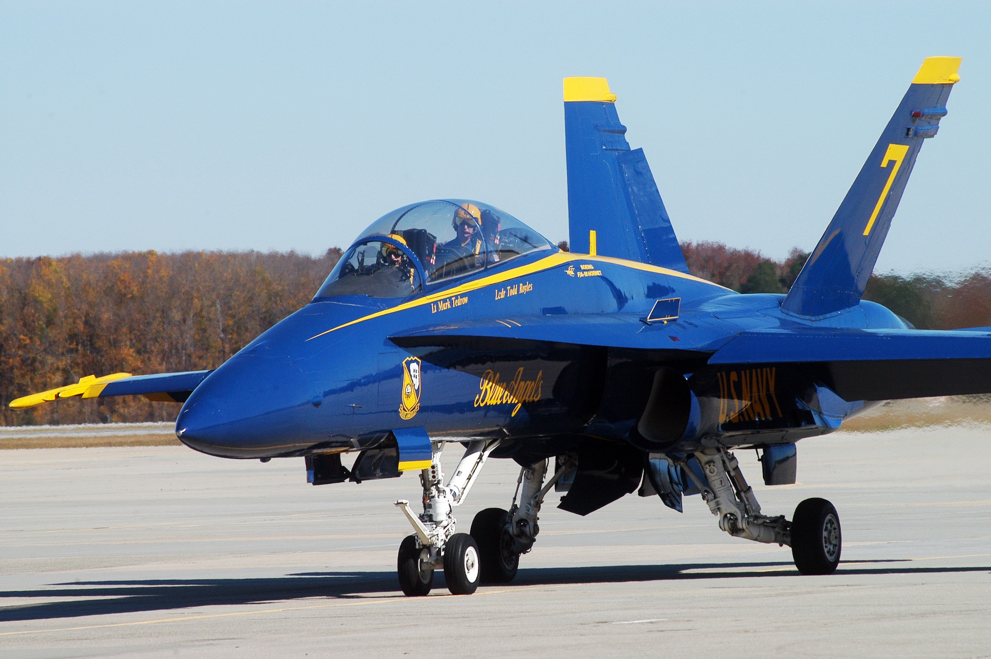 Blue Angel aircraft #7 taxies on the Robins flight line Nor 18. Lt. Mark Tedrow and Lt. Cmdr. Todd Royles visited Robins for briefing and a tour of facilities in preparation for the air show in April. (U. S. Air Force photo by Sue Sapp)