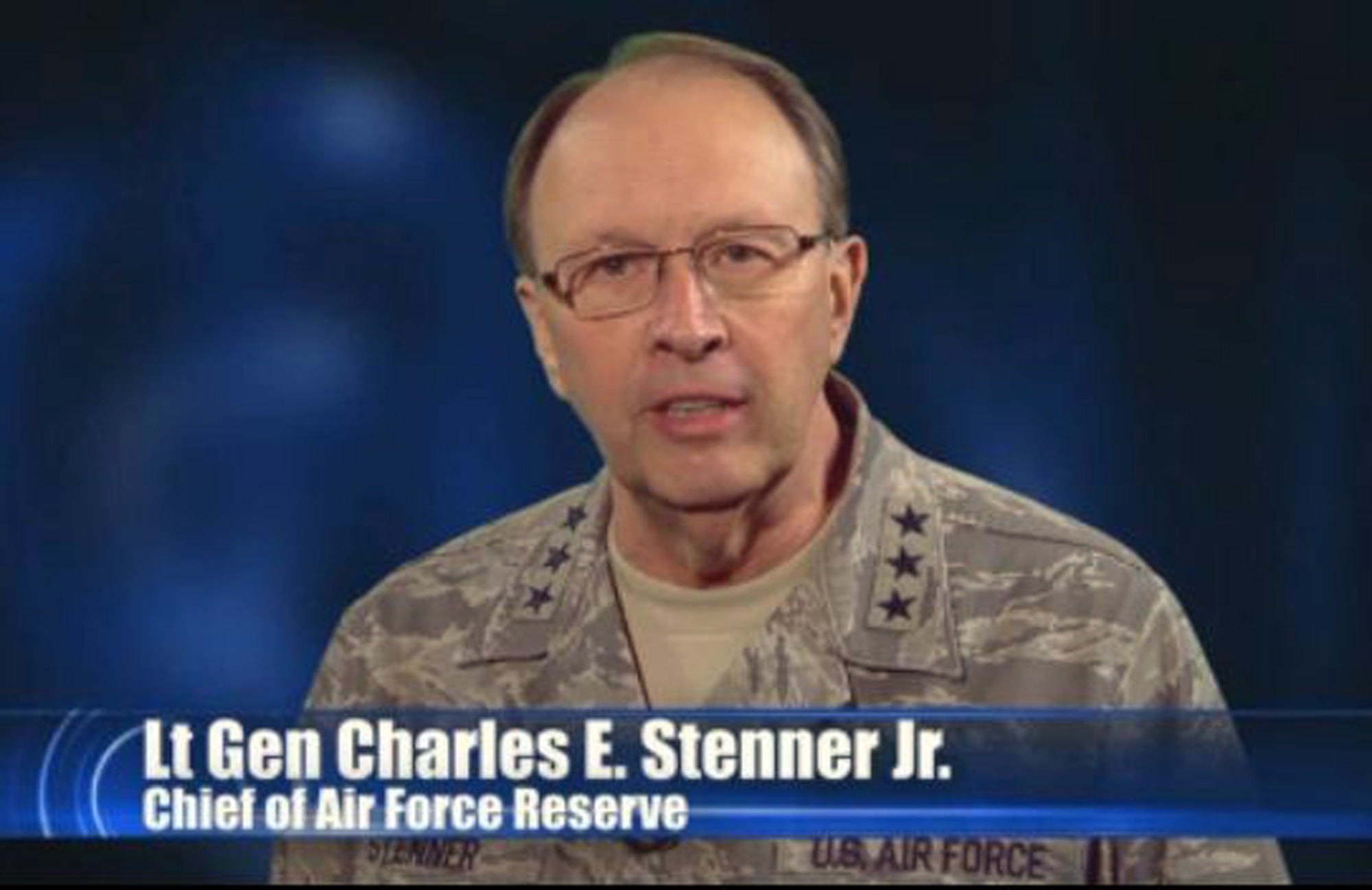 Lt. Gen. Charles E. Stenner Jr., commander of Air Force Reserve Command and chief of the Air Force Reserve, debuts a new quarterly video message this week. The commander talks about the current budget situation, the road ahead and concludes with a unit "shout-out." (U.S. Air Force graphic)