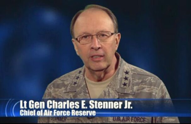 Lt. Gen. Charles E. Stenner Jr., commander of Air Force Reserve Command and chief of the Air Force Reserve, debuts a new quarterly video message this week. The commander talks about the current budget situation, the road ahead and concludes with a unit "shout-out." (U.S. Air Force graphic)