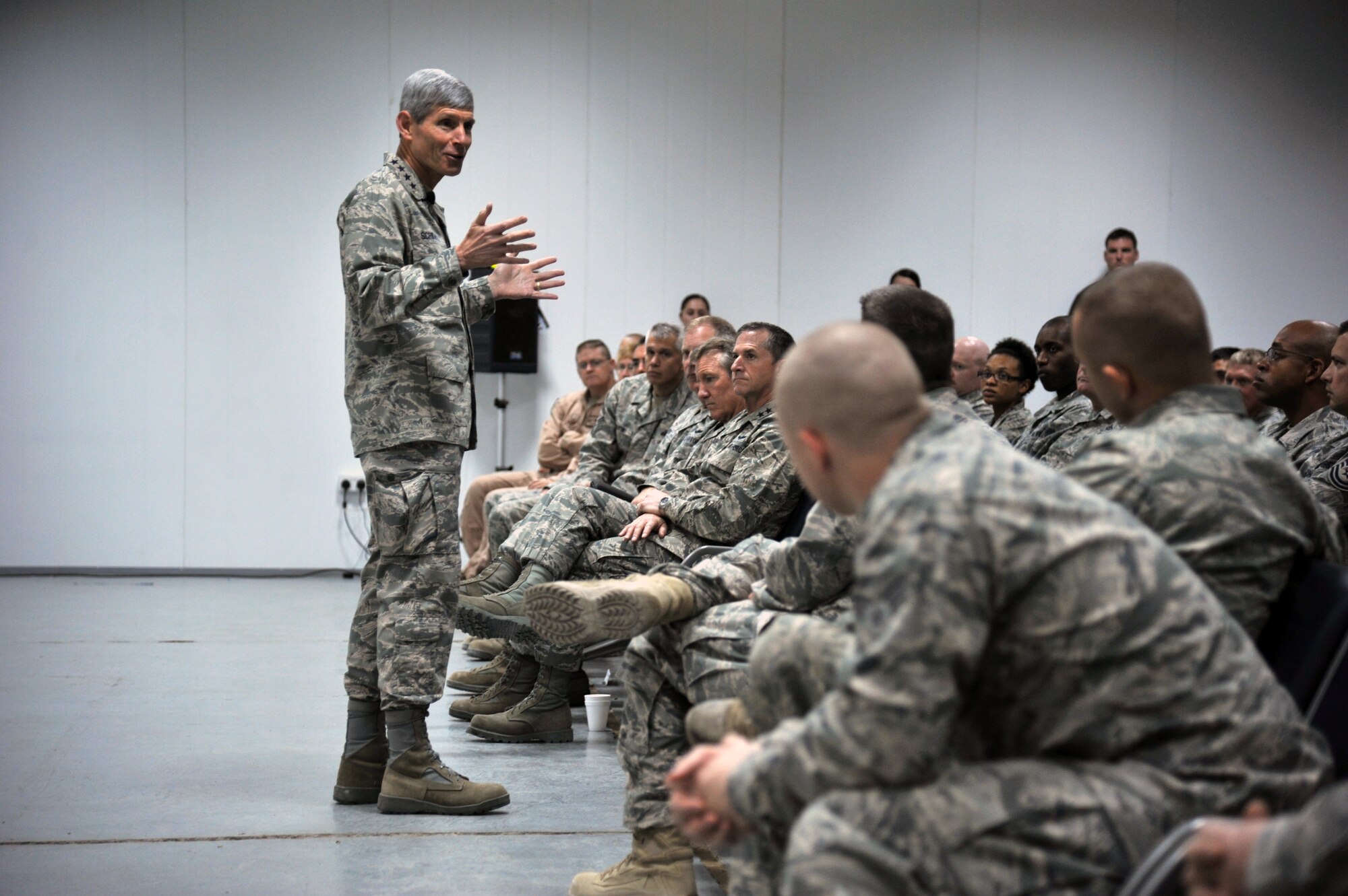 Air Force Chief of Staff Gen. Norton Schwartz speaks to more than 100 Airmen, civilians and contractors of the 386th Air Expeditionary Wing during an all call at an undisclosed location in Southwest Asia, Nov. 18, 2011. (U.S. Air Force photo/Master Sgt. Carlotta Holley)