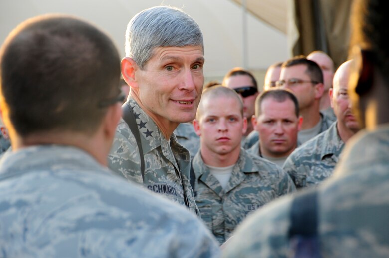 KANDAHAR AIRFIELD, Afghanistan -- Air Force Chief of Staff Gen. Norton Schwartz speaks to Air Force members at Kandahar Airfield, Afghanistan, Nov. 16, 2011. During his visit, Schwartz spoke to Airmen throughout the 451st Air Expeditionary Wing.  (U.S. Air Force photo/Senior Airman Corey Hook)