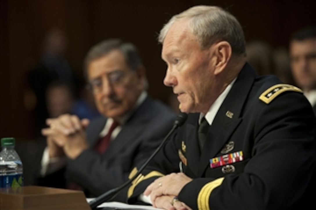Chairman of the Joint Chiefs of Staff Gen. Martin Dempsey answers questions during testimony to the Senate Armed Services Committee on Nov. 15, 2011.  