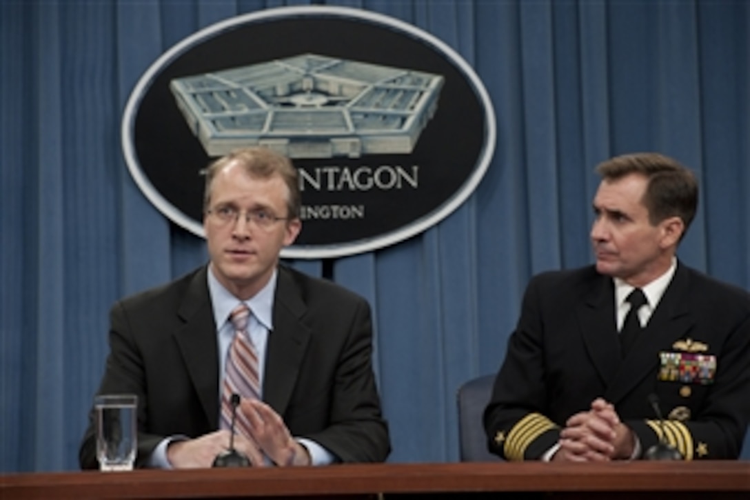 George Little, Pentagon Press Secretary, and Captain John Kirby deliver a press conference in the Pentagon on Nov. 16, 2011.  Little and Kirby answered questions regarding the Secretary of Defense's upcoming trip to Groton, Ct., and Halifax, Canada.  