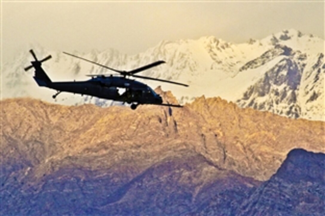 A U.S. Air Force HH-60 Pave Hawk helicopter assigned to the 83rd Expeditionary Rescue Squadron takes off from Bagram Airfield, Afghanistan. Nov. 19, 2011.