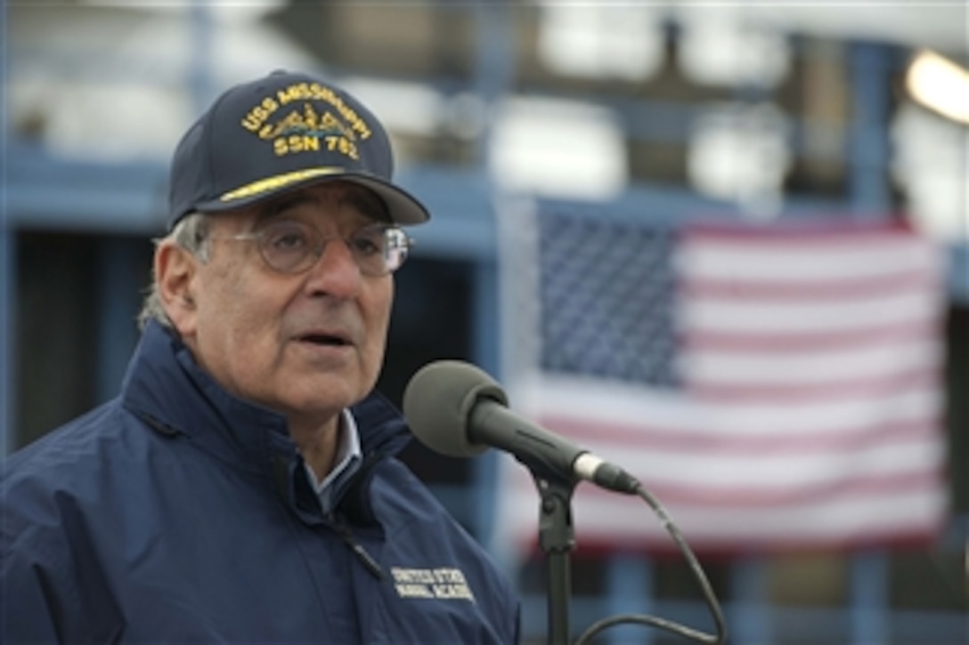 Secretary of Defense Leon E. Panetta speaks to the crew of the USS Mississippi and workers from General Dynamics Electric Boat in Groton, Ct. on November 17, 2011.  