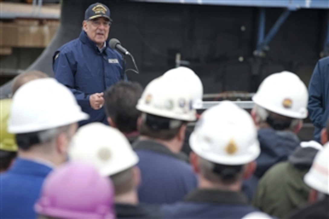 Secretary of Defense Leon E. Panetta speaks to the crew of the USS Mississippi and workers from General Dynamics Electric Boat in Groton, Ct. on November 17, 2011.  