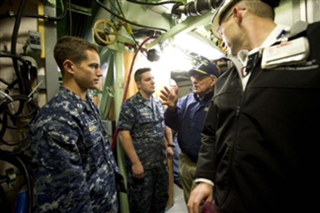 Secretary of Defense Leon E. Panetta speaks to the crew of the USS Mississippi and workers from General Dynamics Electric Boat in Groton, Ct. on November 17, 2011.  