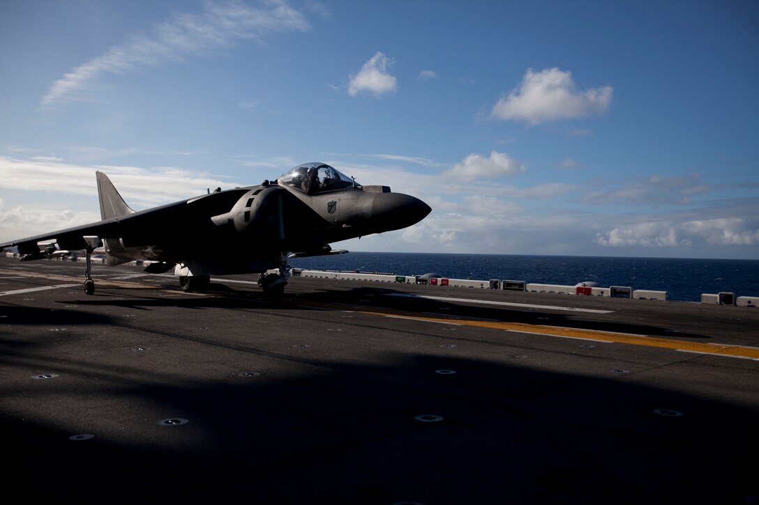 An AV-8B Harrier with Marine Medium Helicopter Squadron 268 (Reinforced) takes off from USS Makin Island here Nov. 18. The squadron is the aviation combat element for the 11th Marine Expeditionary Unit, which embarked USS Makin Island, USS New Orleans and USS Pearl Harbor in San Diego Nov. 14 beginning a seven-month deployment to the Western Pacific and Middle East regions.