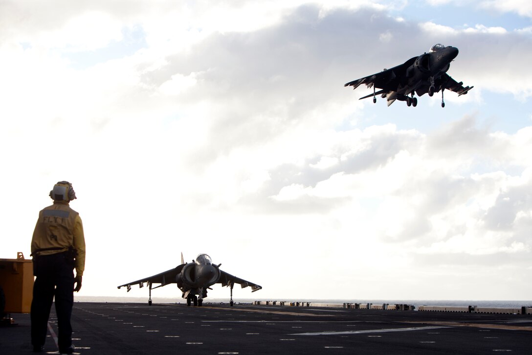 An AV-8B Harrier with Marine Medium Helicopter Squadron 268 (Reinforced) lands on USS Makin Island here Nov. 18. The squadron is the aviation combat element for the 11th Marine Expeditionary Unit,which embarked USS Makin Island, USS New Orleans and USS Pearl Harbor in San Diego Nov. 14 beginning a seven-month deployment to the Western Pacific and Middle East regions.