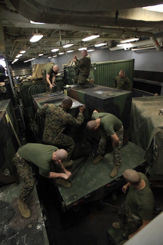 Engineers with Combat Logistics Battalion 11 move generators aboard USS Pearl Harbor Nov. 18. The battalion is the logistics combat element for the 11th Marine Expeditionary Unit, which embarked USS Makin Island, USS New Orleans and USS Pearl Harbor in San Diego Nov. 14 beginning a seven-month deployment through the western Pacific and Middle East regions.