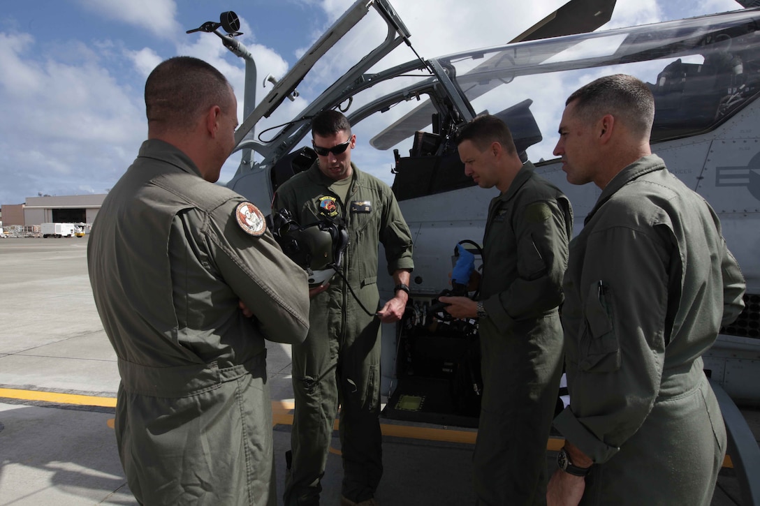 Capt. Josh Greb, an AH-1Z Super Cobra pilot with Marine Medium Helicopter Squadron 268 (Reinforced), describes aspects of a helmet during a static display here Nov. 21. The squadron is the aviation combat element for the 11th Marine Expeditionary Unit, which embarked USS Makin Island, USS New Orleans and USS Pearl Harbor in San Diego Nov. 14 beginning a seven-month deployment to the Western Pacific and Middle East regions.