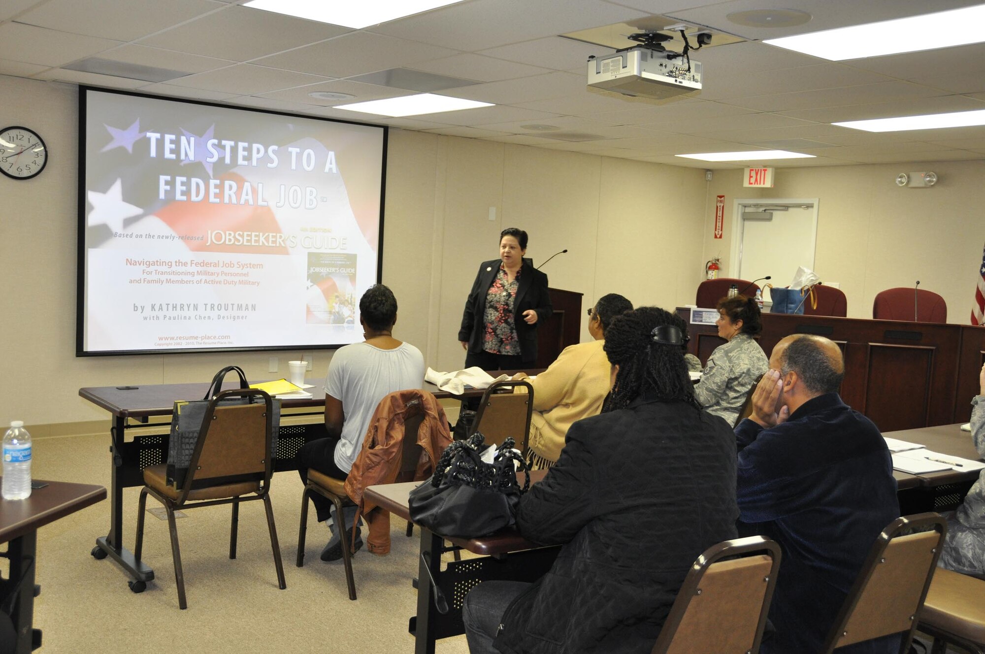 Valerie Fioretta, Airman and Family Readiness center director at March Air Reserve Base, Calif., teaches a federal jobs workshop, Oct. 27, 2011.  Thirty Airmen and local community members attended the course.(U.S. Air Force photos/Staff Sgt. Megan Crusher)