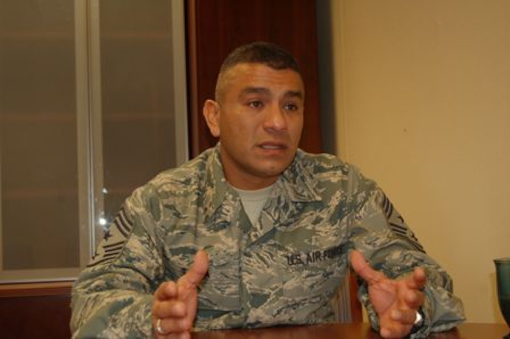 U.S. Air Force Chief Master Sgt. Gerardo Tapia Jr., 12th Air Force (Air Forces Southern) command chief, talks about his new role as the 12th Air Force senior enlisted adviser on Davis-Monthan Air Force Base, Ariz., Nov. 22, 2011. (U.S. Air Force photo by Chief Master Sgt. Gregory Koenig/Released). 