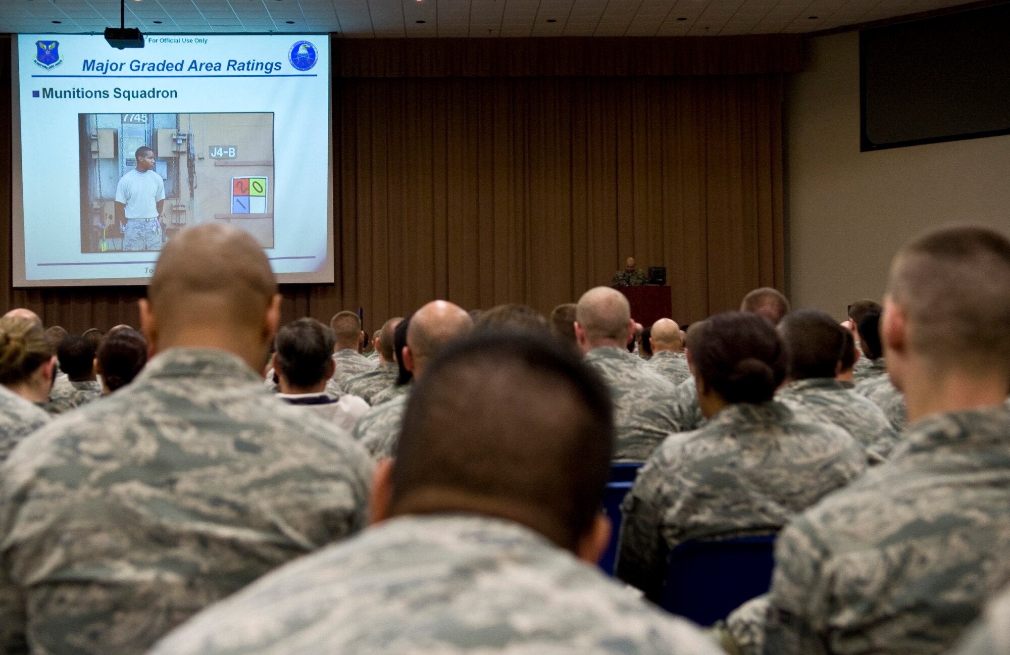 Members of Team Barksdale listen during an out-brief of the wing Consolidated Unit Inspection Nov. 22 at Hoban Hall on Barksdale Air Force Base, La. Airmen were briefed on how well the base did during the inspection last week and were provided a holiday safety briefing by base leadership. (U.S. Air Force photo/Airman 1st Class Benjamin Gonsier)(RELEASED)