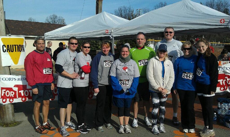 HOWLAND, Ohio —  Air force Reservists with the 910th Airlift Wing gather for a group photo before participating in the 2011 Veterans Day/Marine Corps Birthday/Toys for Tots 5K fun run/walk held on November 19. All proceeds were given to the Trumbull and Mahoning Toys For Tots campaign. A moment of silence was observed in remembrance of fallen comrades from past and present wars and battles. Courtesy Photo.