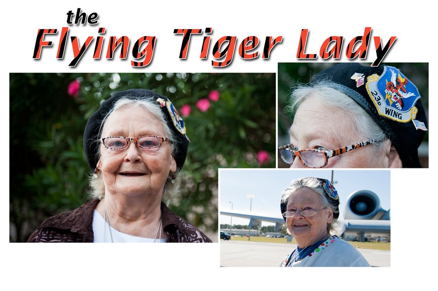 Irma Aul, an 87-year-old Pittsburg native, has had much love for the Flying Tigers ever since the days of World War II when she installed avionics on P-51 Mustang and P-40 Warhawk aircraft. Irma owns tiger earrings, tiger-stripe framed glasses and a beret with a Flying Tiger patch among other things. She attends the annual Flying Tigers Reunion nearly every year and is always eager to share her stories about Flying Tiger history. (U.S. Air Force illustration by Staff Sgt. Jamal D. Sutter/Released)
