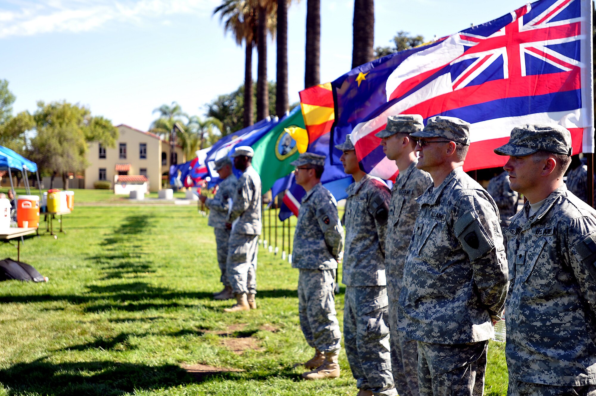 Soldiers of the 304th Sustainment Brigade watch as the brigade’s Special Troops Battalion conducts a five-in-one ceremony on the March Air Reserve Base, Calif., parade field, Oct. 9, 2011. (US Army photo by Sgt. Tracy Ellingsen)
