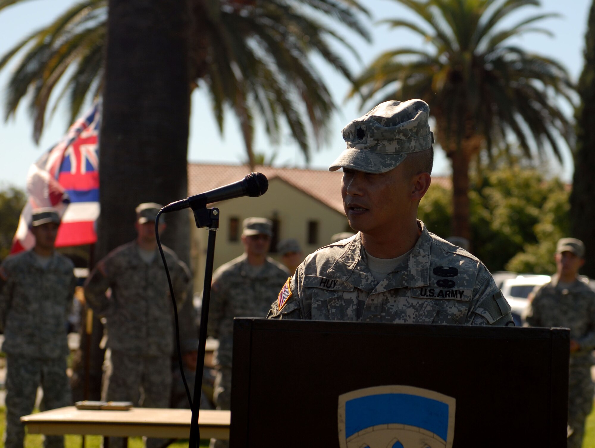 Army Lt. Col. Anthony T. Huy addresses the audience after accepting command of the 304th Sustainment Brigade’s Special Troops Battalion on the parade field at March Air Reserve Base, Calif., Oct. 9, 2011.  “I started out in the Army at a private,” Huy said. “And to be accepting command today is the proudest moment of my military career.” (US Army photo by Sgt. Ruben Chicas)